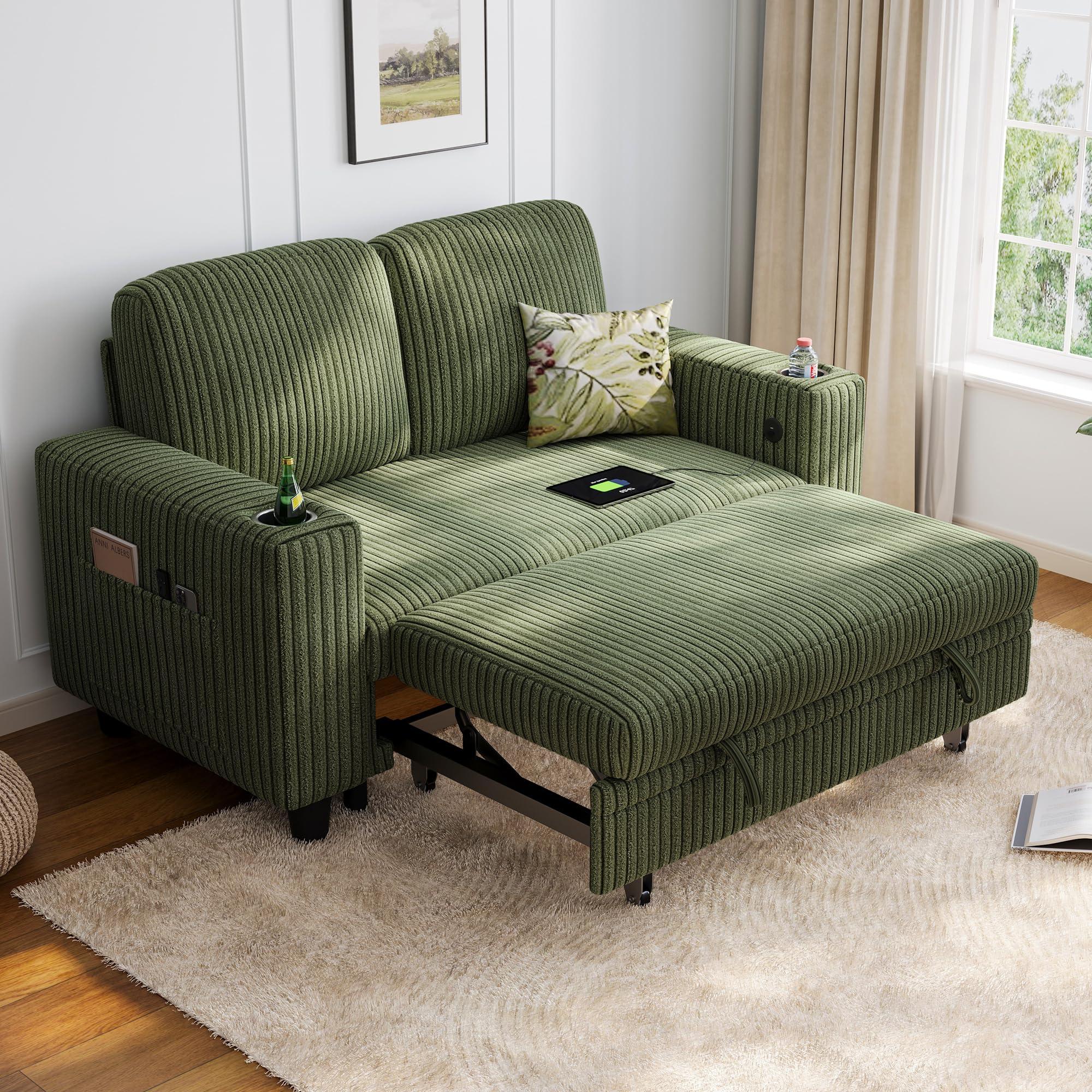 LINSY HOME Loveseat Sofa with Pull Out Couch Chaise Green Corduroy
