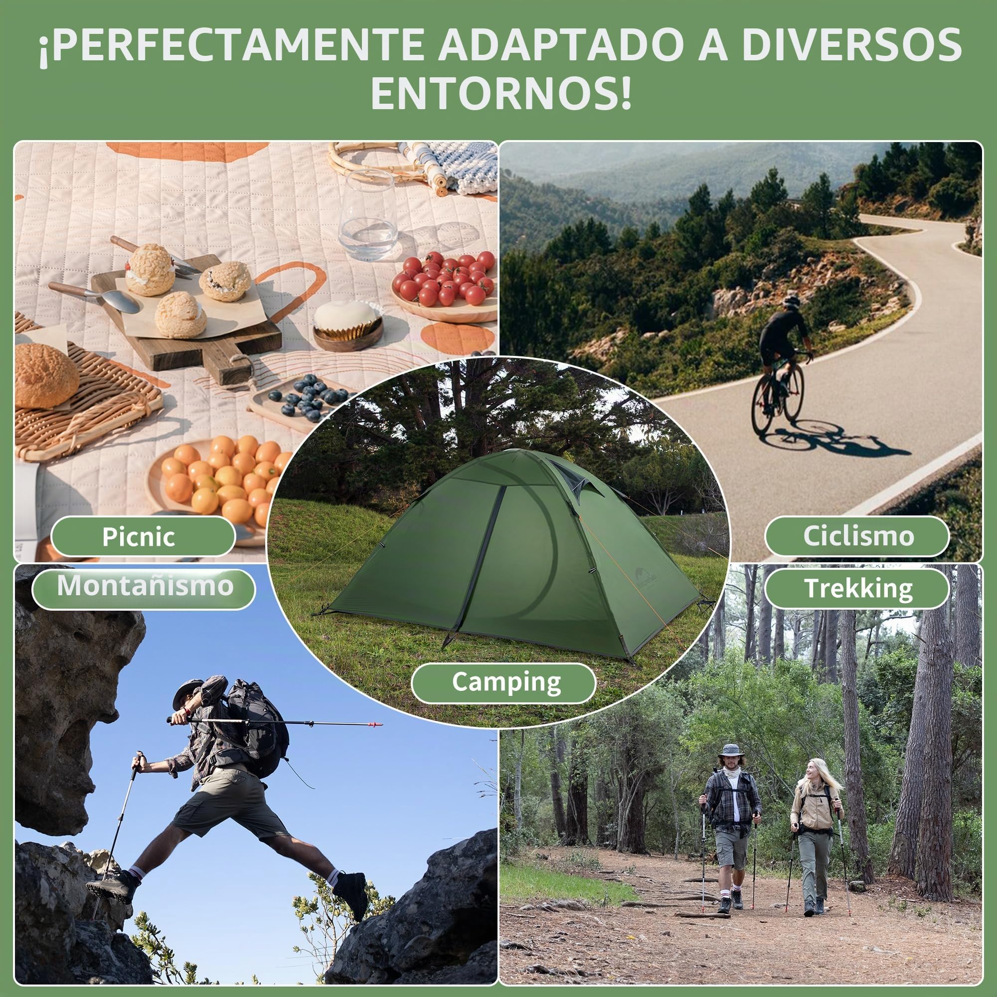 Naturehike Ultraligera de Silicona Carpa para Acampar para 2 Personas Impermeable para Senderismo y Pesca 3-4 Estaciones (Verde)
