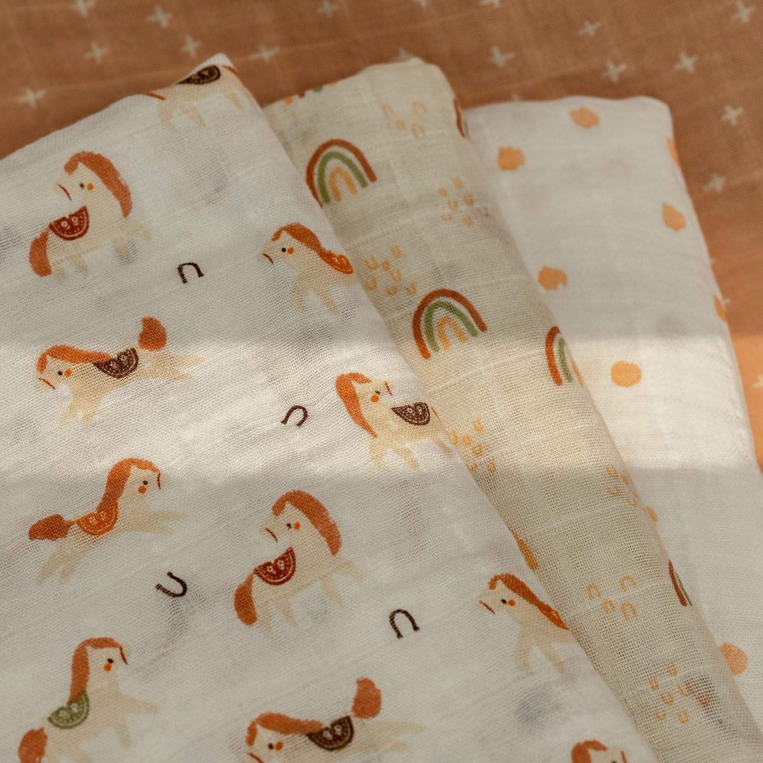 Muslin Swaddle Blankets for Newborn, 4 Pack Cotton Baby Blankets, Large 31.5 x 43.3 inch Breathable Soft Receiving Blanket, Essentials Swaddle Wrap Burping Clothes, Orange Rainbow Horse