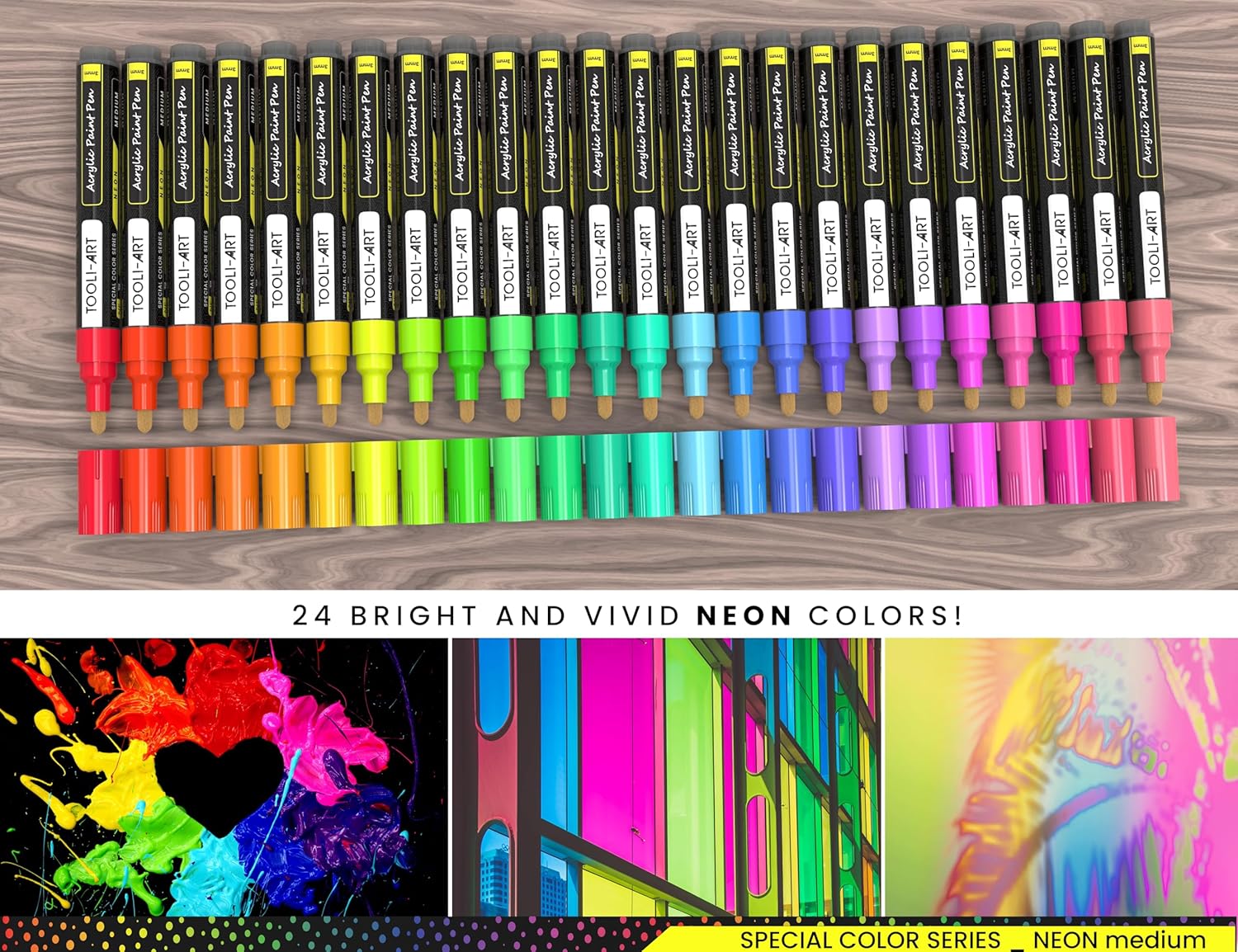 24 Neon Fluorescent Acrylic Paint Pens Medium Special Color Series Markers Set 3mm Tip, Rock Painting, Glass, Mugs, Wood, Metal, Canvas, DIY Projects, Detailing. Non Toxic, Waterbased, Quick Drying