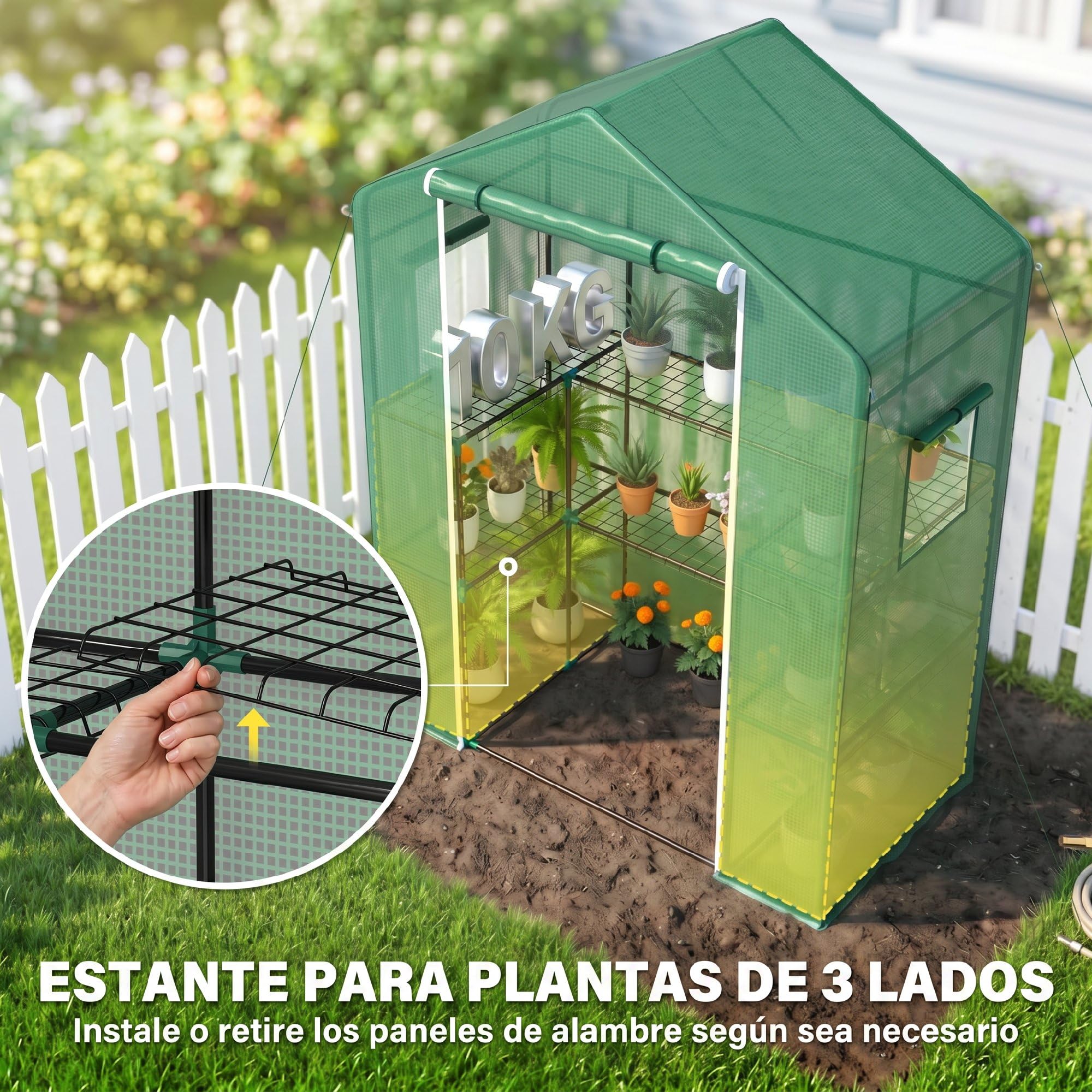 Outsunny Invernadero de Exterior de 3 Niveles Invernadero de Jardín con Puerta Enrollable 2 Ventanas Estantes en Forma de U para Cultivo de Plantas en Terraza Patio 140x73x190 cm Verde