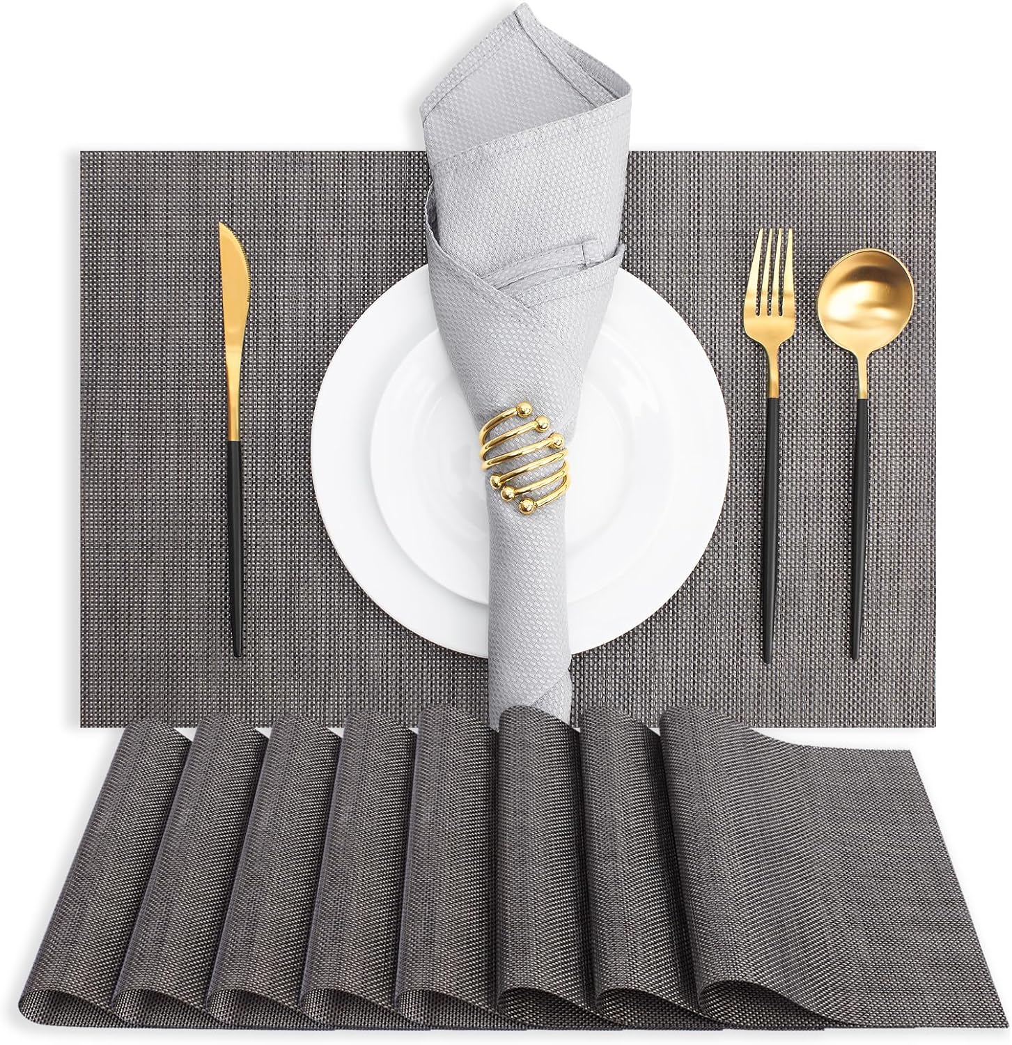MOSAYT Plastic/Vinyl Placemats Set of 12 - Woven Heat Resistant Place Mats, Washable Outdoor Patio Table Mats for Kitchen/Dining/Party(12 x 18 inch, Beige)