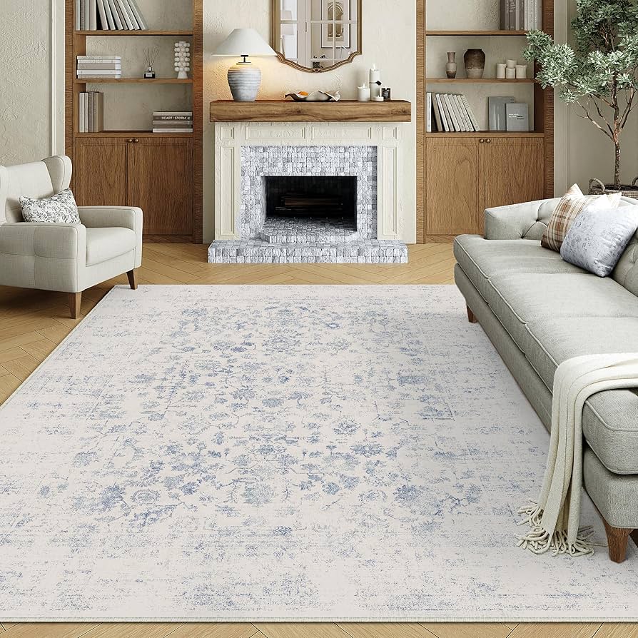 8x10 Machine Washable Rugs Light Blue Area Rug Indoor Floral Vintage Low Pile Carpet Distressed Throw Large Rugs for Bedroom Living Room Office Dining Room Laundry Room Non Slip