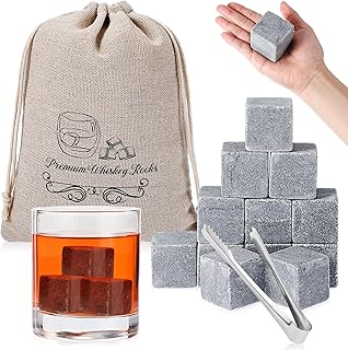 Hosuly 12 Pcs Extra Large Whiskey Ice Cubes 1.6 Inch Jumbo Whiskey Rocks Gift Set for Father's Day, Whiskey Sack and Ice Tong Marble Drink Chilling Stones for Men Dad(Dark Grey)