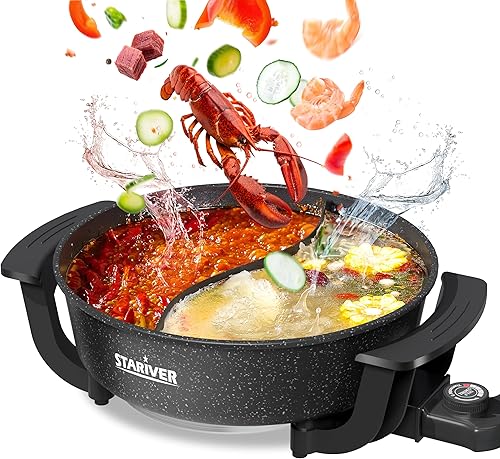 Stariver Olla eléctrica de 6 litros con divisor - Fondue de doble sabor y olla Shabu Shabu, 1360 W con control de 5 temperaturas, antiadherente y