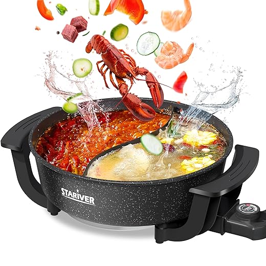 Stariver 6L Electric Hot Pot with Divider - Dual-Flavor Fondue & Shabu Shabu Pot, 1360W with 5-Temp Control, Non-Stick & BPA-Free, Perfect for Family Dinners & Parties