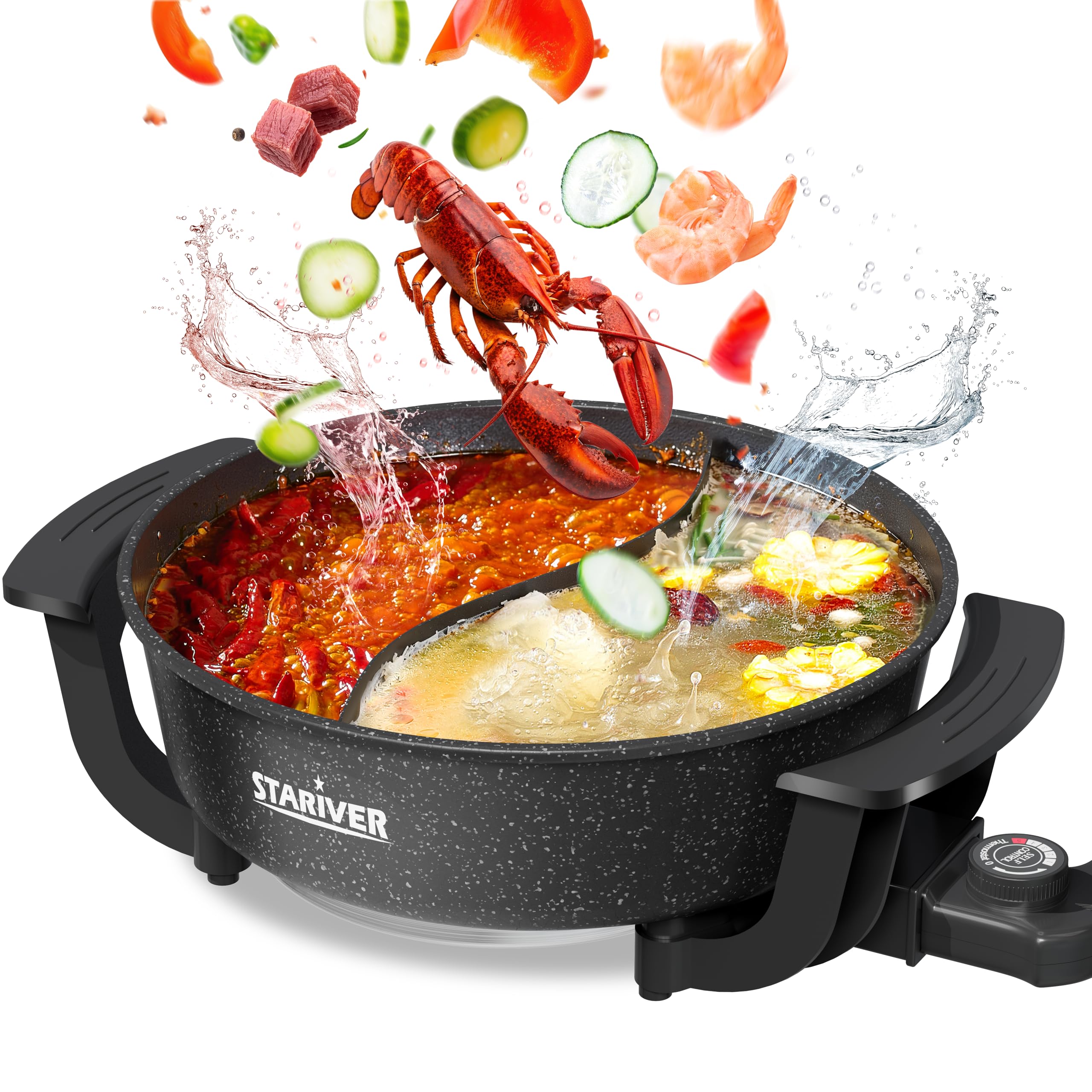 Stariver 6L Electric Hot Pot with Divider - Dual-Flavor Fondue & Shabu Shabu Pot, 1360W with 5-Temp Control, Non-Stick & BPA-Free, Perfect for Family Dinners & Parties