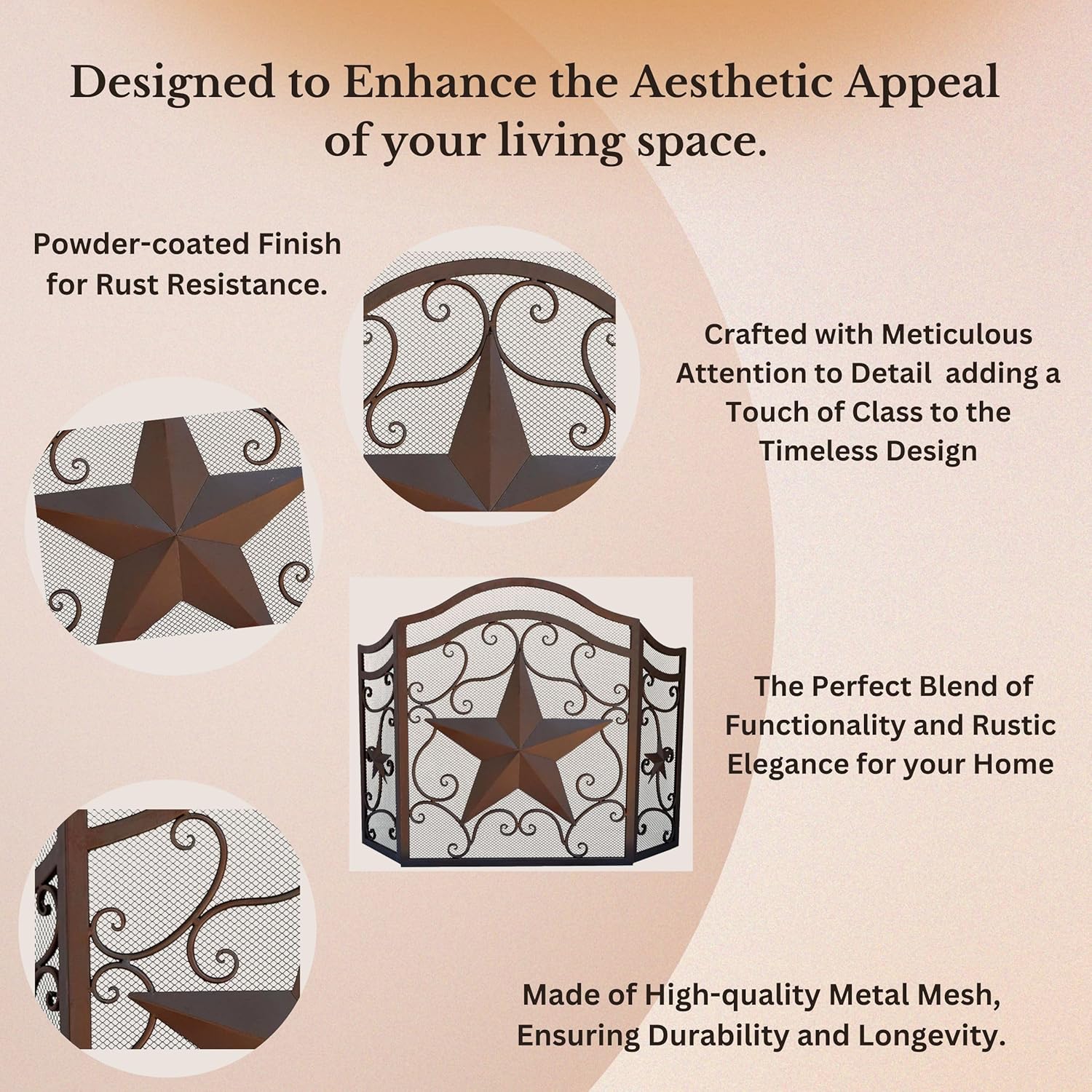 BestGiftEver 3-Panel Fireplace Screen Decorative with Stars & Scrolls Detail - Stand Alone Fireplace Cover Metal Mesh Screen - Home Decor for Cabin, Lodge, and Rustic Country Style Firescreen