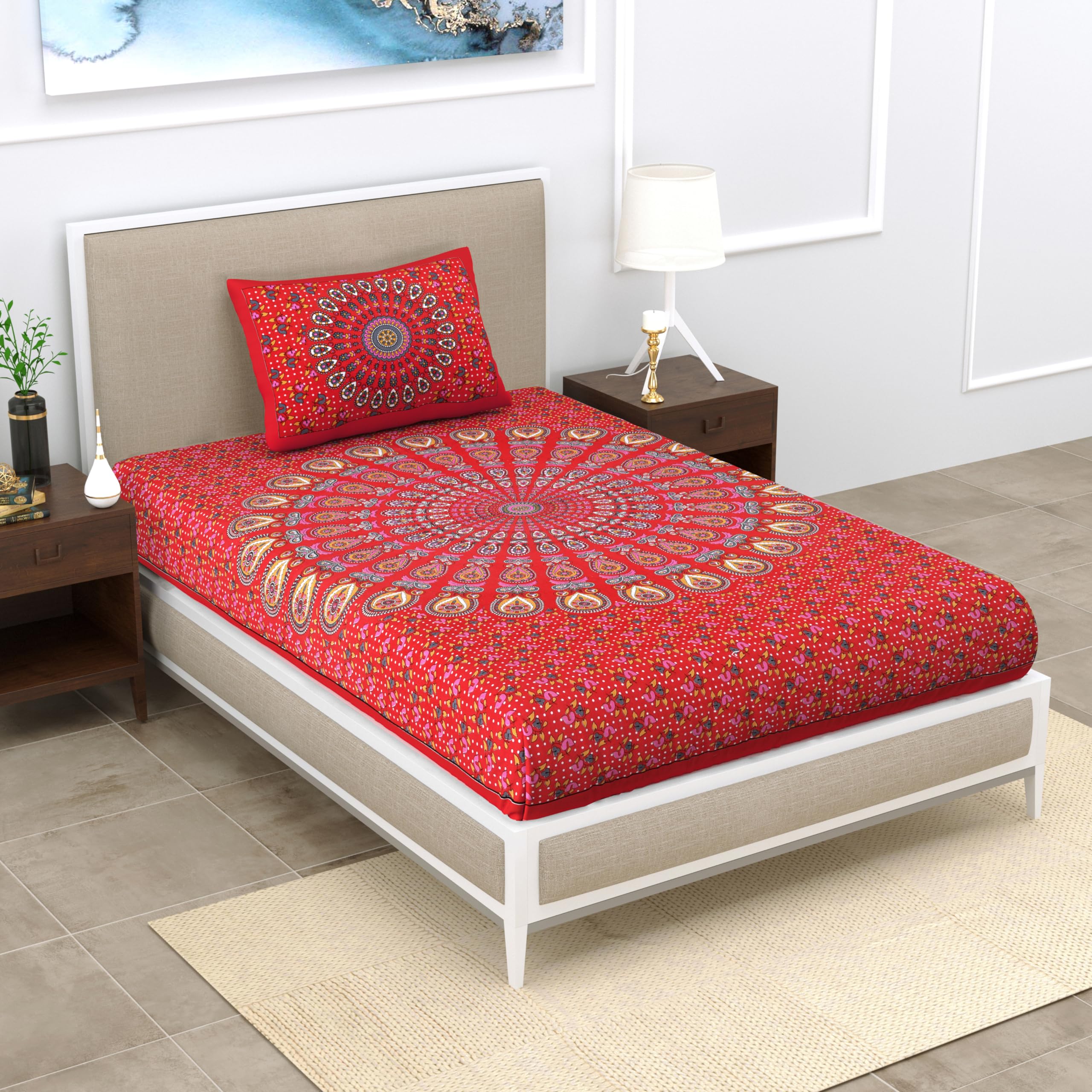 KOUNDAL Rajasthani Jaipuri Traditional Sanganeri Mandala Print 144 TC 100% Cotton Single Size Bedsheet with one Pillow Covers-image-34