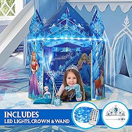 W&O Frozen Princess Tent for Girls with Magical Sound Button, LED Lights, Crown & Wand - Indoor & Outdoor Frozen Tent for Girls Ages 3-7
