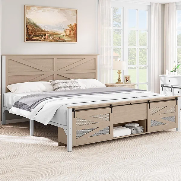 YITAHOME King Size Farmhouse Bed Frame with Sliding Barn Door Storage Cabinets