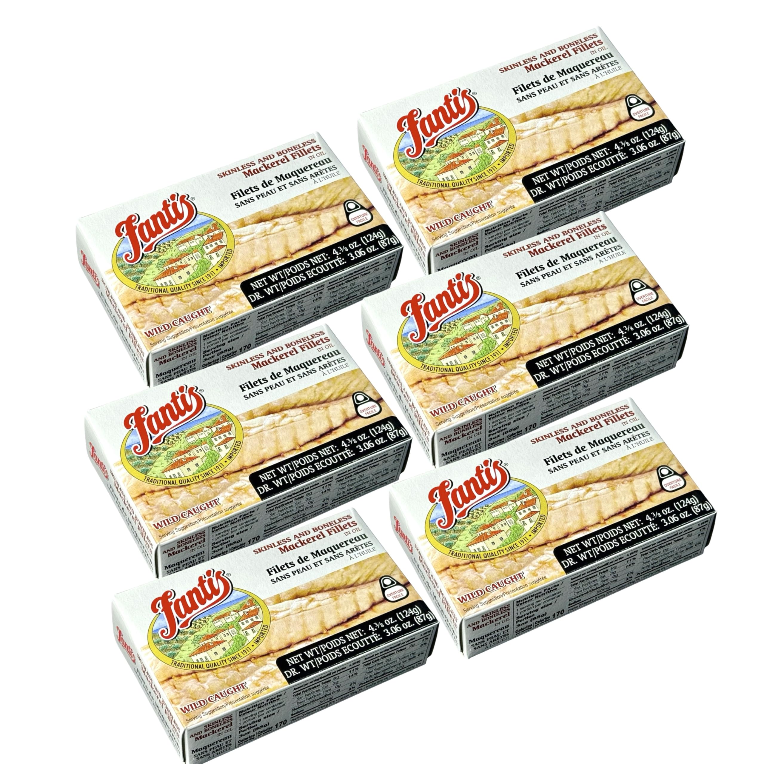 Fantis – Mackerel Fillets in Oil – Premium Wild-Caught Mackerel from Spain, Keto-Friendly Gourmet Canned Fish, Mediterranean Style, Ready to Eat, High Protein Seafood, 4.375 oz, Pack of 6