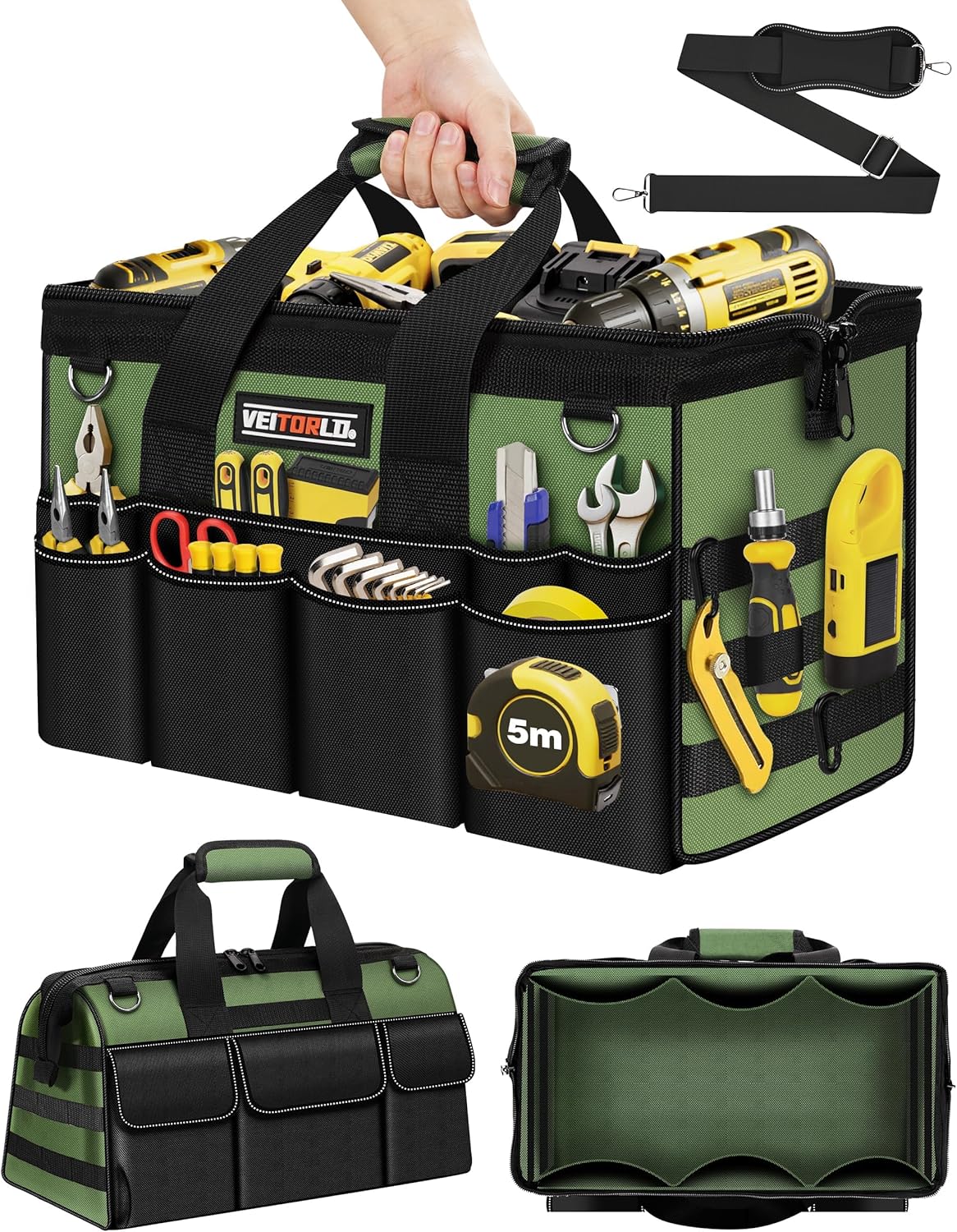 Heavy Duty Tool Bag 16-Inch - 19 Pockets Tool Organizer, Portable Electrician Toolbox W/Soft Handle, Christmas Birthday Gift Ideas for Men Dad Husband Him Mechanic Plumber, Wide Mouth Tool Storage Box