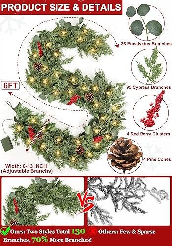 Miniatura 2 de Prelit&Timer - Guirnalda de cedro de tacto real de 6 pies por 10 pulgadas más gruesa con 30 luces cálidas, guirnalda de pino suave y exuberante,