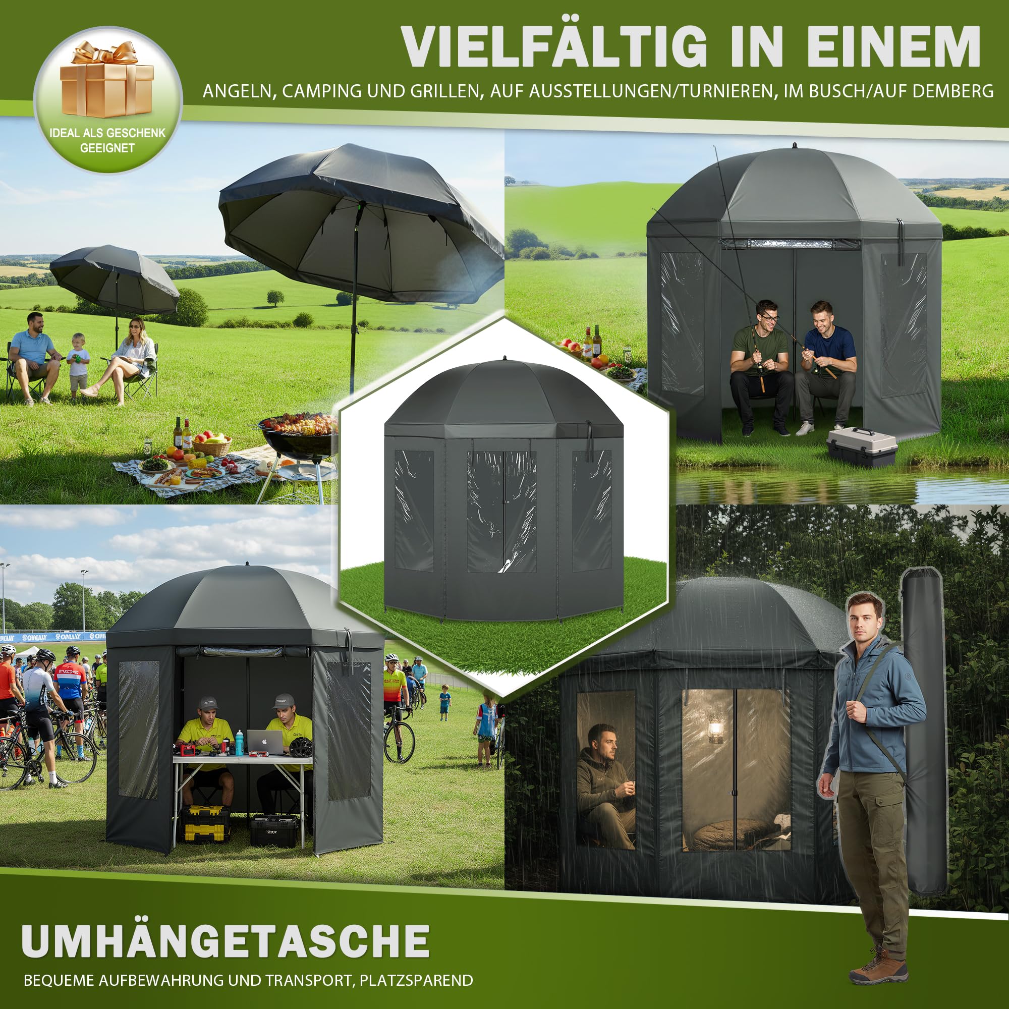 Angelschirm 240 cm - Stabilität Angelschirm mit Seitenwand - 210D Oxford-Gewebe, PU-Wasserdichte, Verstellbar Schirmzelt Angeln mit 3 Fenstern, Einfache Montage, für Outdoor Camping & Angler
