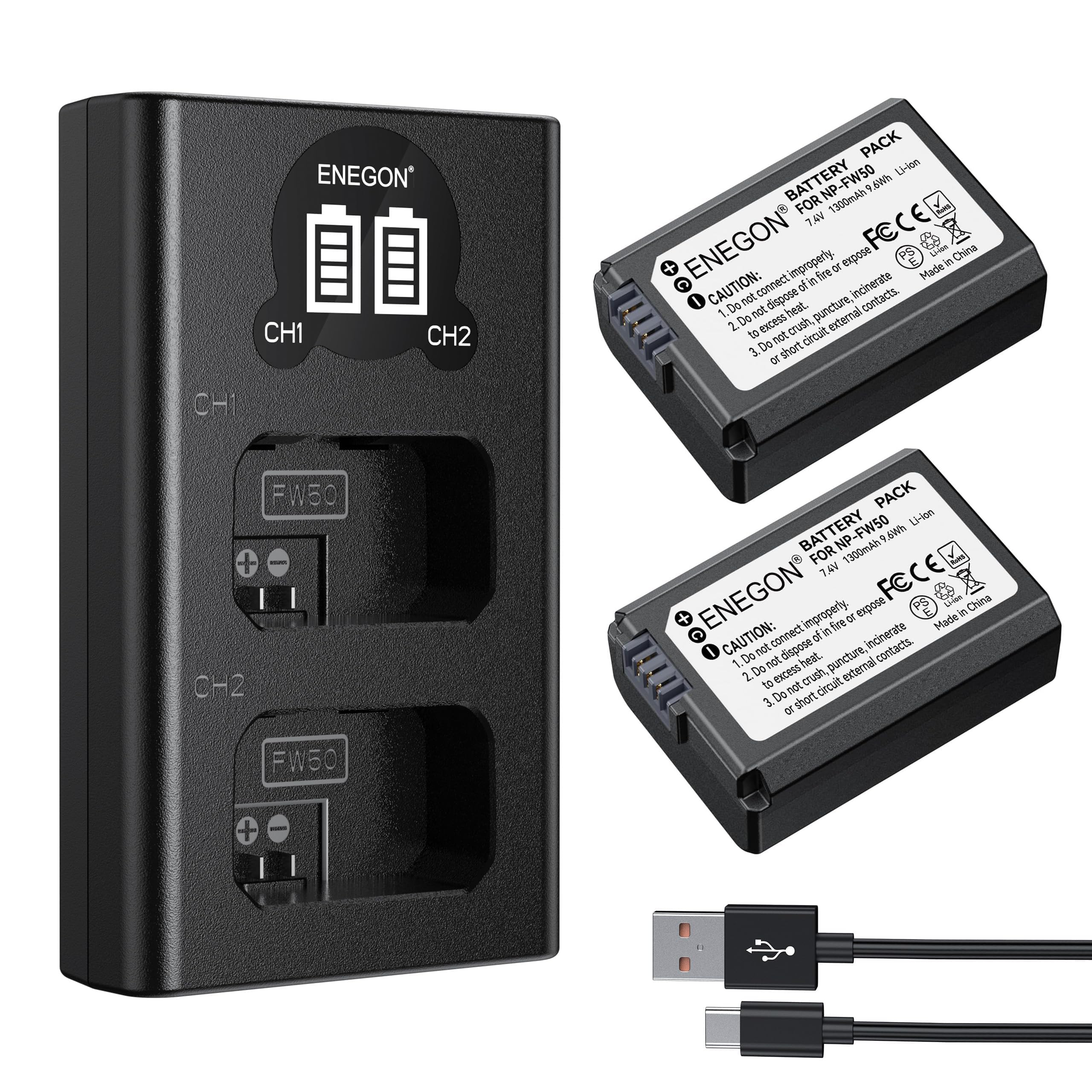 ENEGON Batteries NP-FW50 (2x1300mAh) + Chargeur LCD Intelligent USB Double Entrée – Kit Haute Capacité Compatible avec Sony Alpha ZV-E10, A6500, A6400, A6300, A6000, A7, A7S, A7S II, A5100, A5000