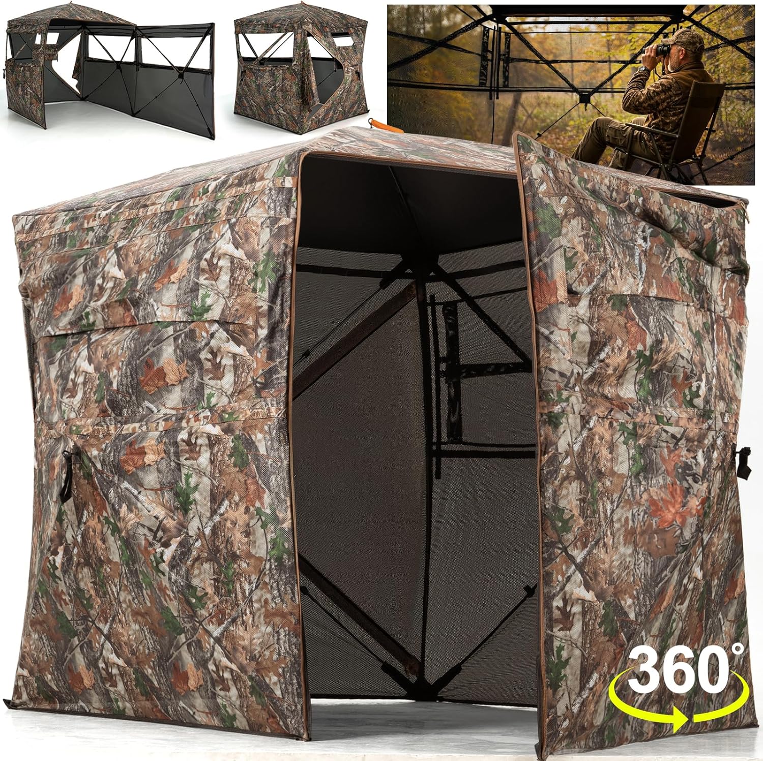 HUNTSEN Hunting Blind 360 Degree See Through Ground Blind with Full Open Door - 2-3 Person Pop Up Hunting Tent with Carrying Bag for Deer & Turkey