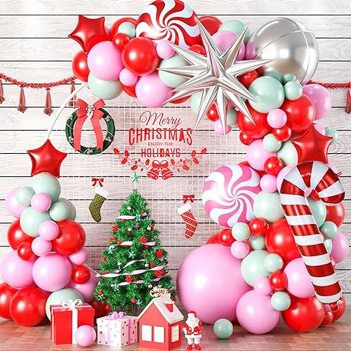 Miniatura 11 de Kit de guirnalda de globos de Navidad en forma de arco, 103 piezas, retro verde blanco globos rojo rubí con cabeza de alce globos de caramelo de