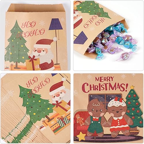 Miniatura 3 de Kolewo4ever 240 bolsas de papel kraft de Navidad con árbol de Navidad, Papá Noel, impresiones de alce, bolsas de regalo de aperitivos de Navidad,