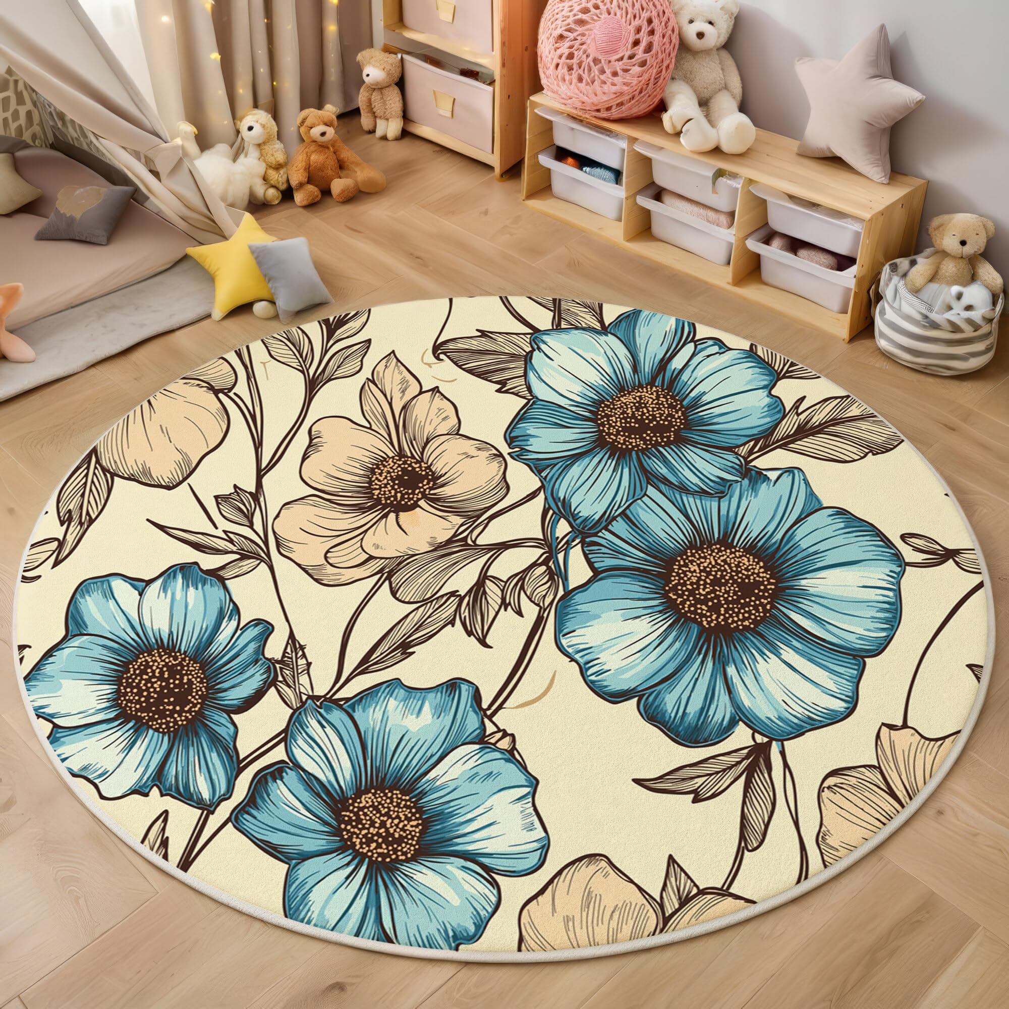 Alfombra redonda para sala de estar y terraza decorativa con flores 3D retro