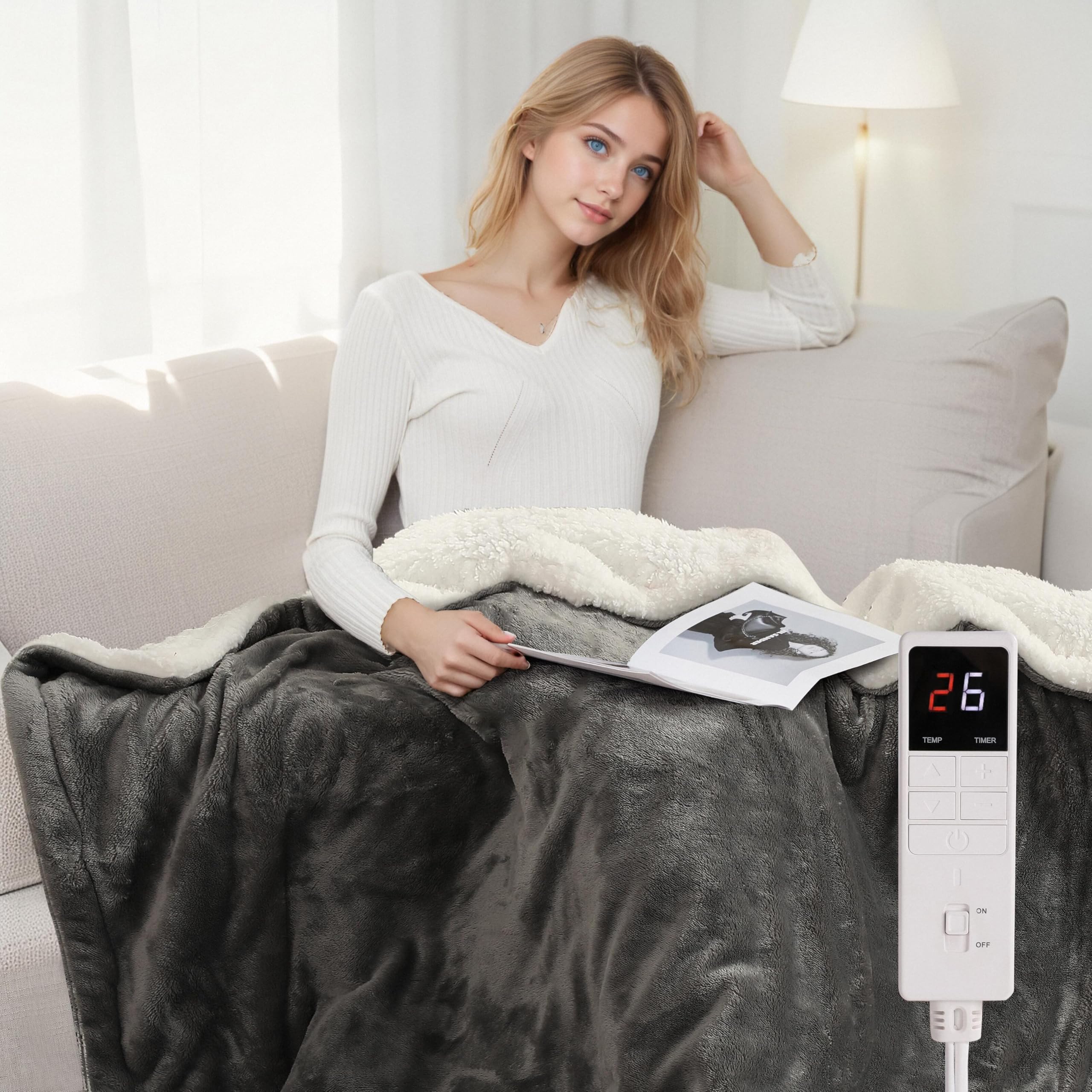 Wärmedecke Elektrisch Heizdecke mit Abschaltautomatik 130x160cm, Flanell & Baumwolle, 9 Wärmestufen & 9H Timer, Überhitzungsschutz, Weich hautfreundlich, Maschinenwaschbar Für Sofa/Bett, Hellgrau