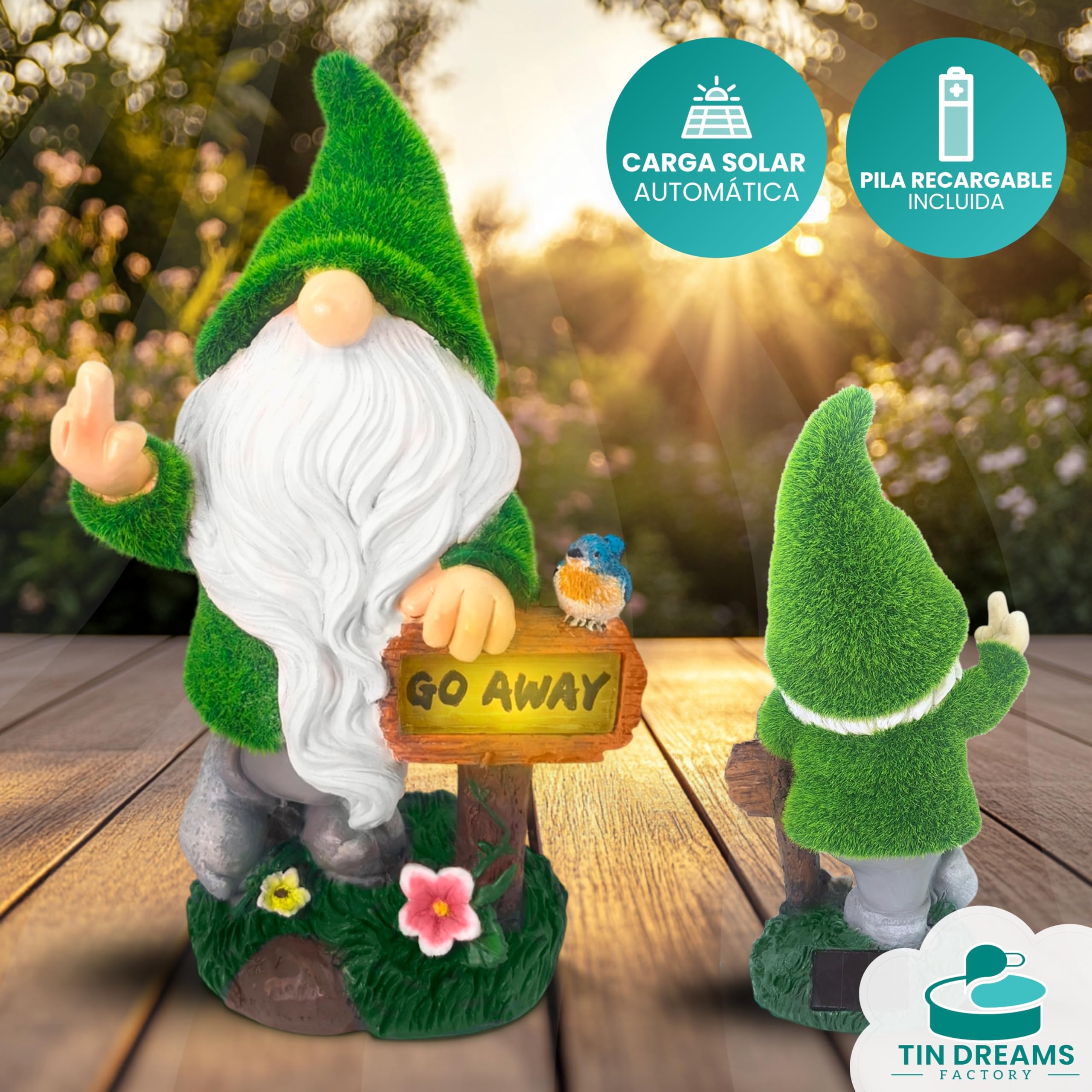 Gnomo de Jardín con Luz Solar “Go Away” – Figura de Resina Impermeable para Decoración Exterior – Enano Divertido para Jardín, Terraza o Patio – Adorno Original con Luz Automática