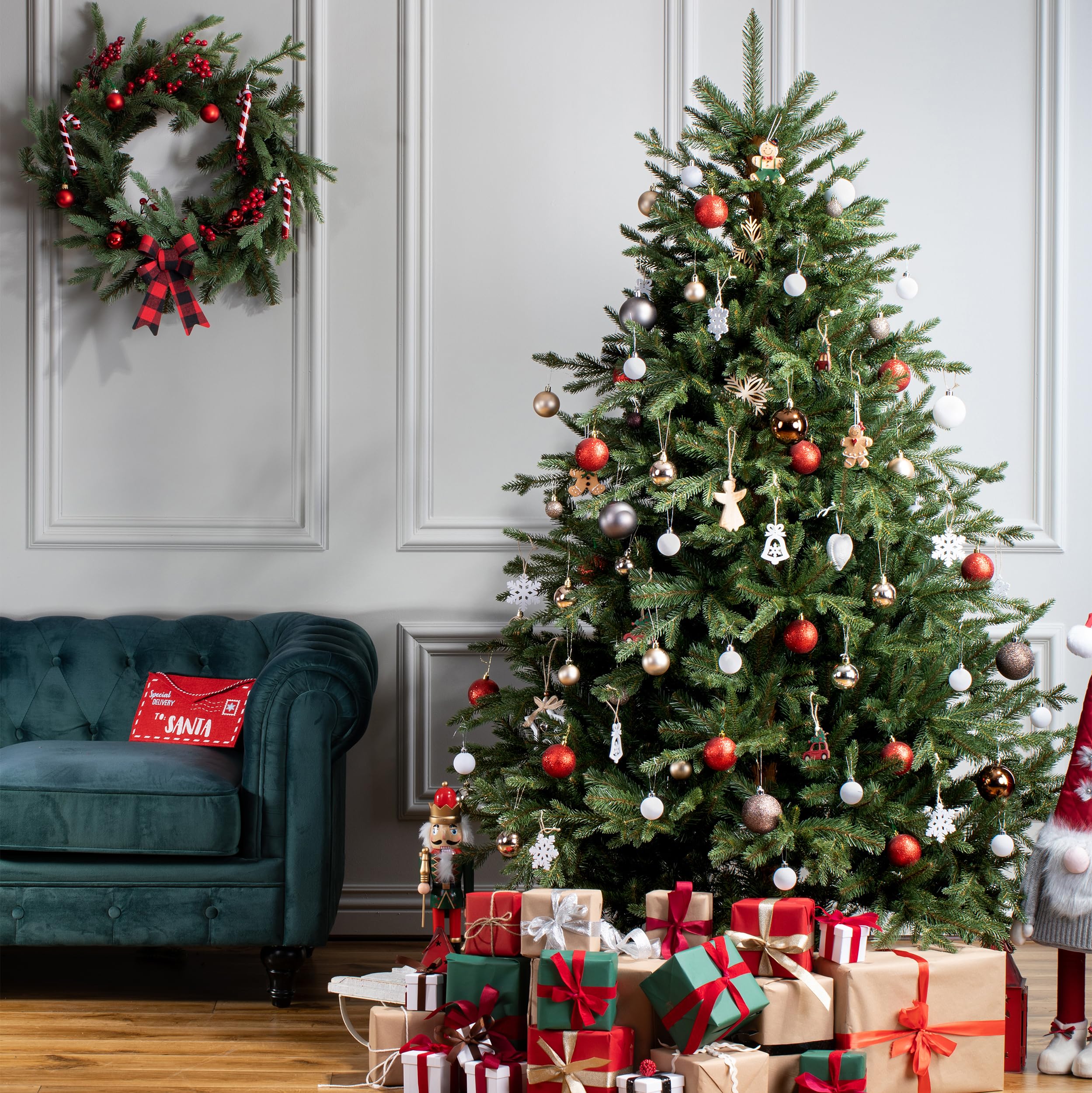FairyTrees árbol de Navidad Artificial 220cm Alpino Premium con el Soporte de Madera | Árbol Artificial con Elementos realistas Moldeados por inyección | Fabricado en EU