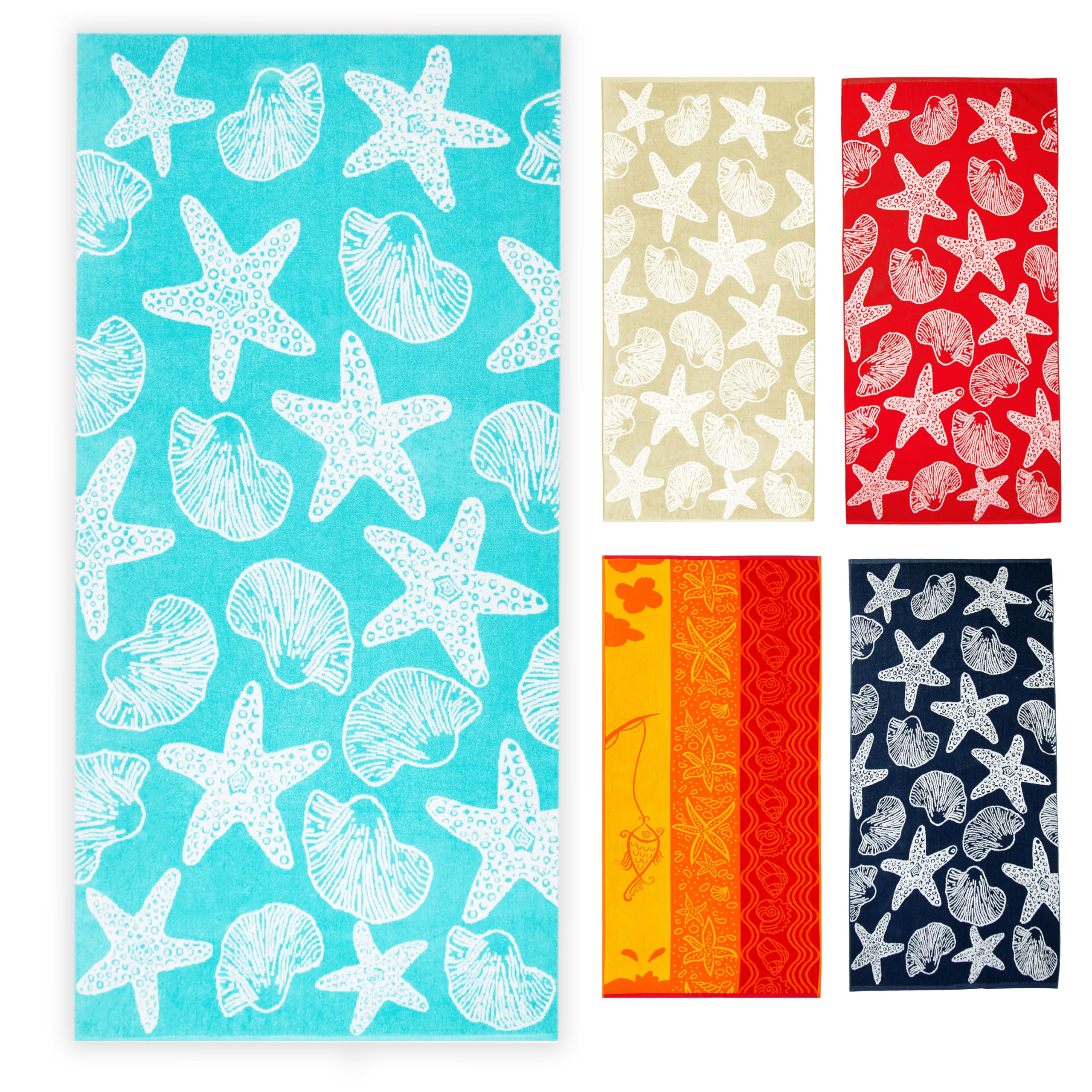 ZOLLNER Toalla de Playa - Toalla de baño mullida y Absorbente en 90x180 cm - Lavable hasta 60°C - algodón - Estampado marítimo con Estrellas de mar y Conchas en Turquesa - Certificado Oeko Tex®