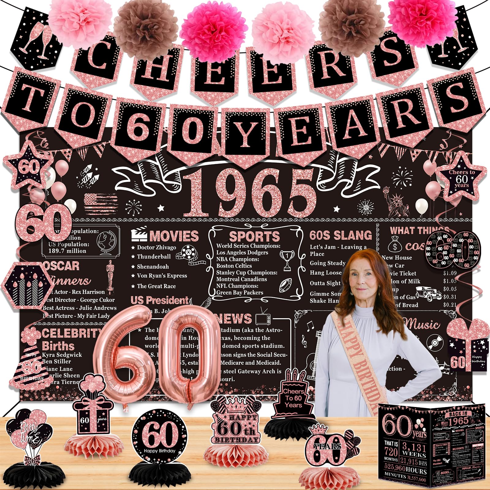 60th Birthday Decorations for Women,24PCS 1965 Banner Decorations,Including Banner,6 Honeycomb Topper,60 Balloons,Cheers to 60 Years Banner,7 Hanging Swirl,6 Paper Poms,Anniversary Card,Sash