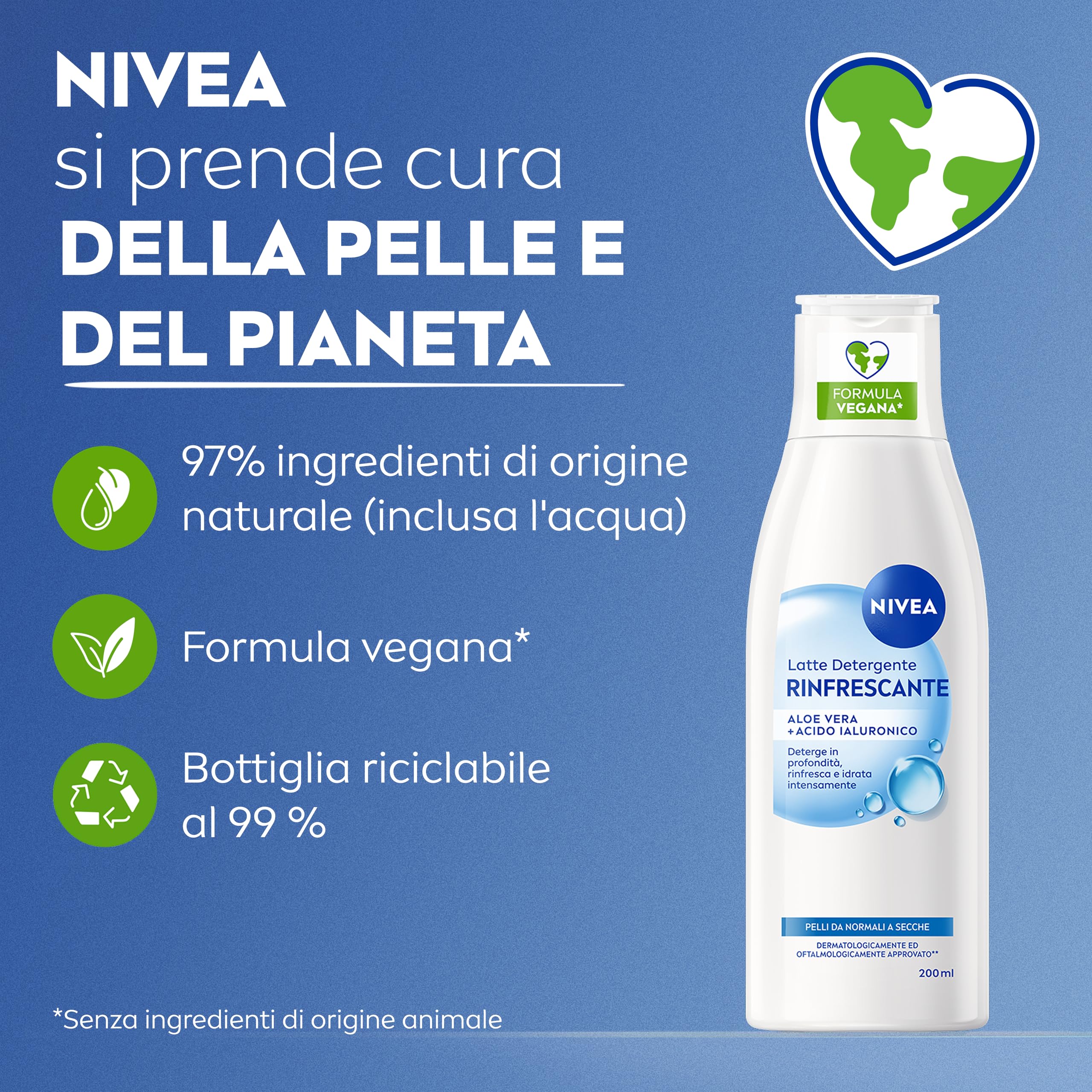 NIVEA Latte Detergente Rinfrescante 200 ml, Detergente viso idratante e lenitivo, Cleanser struccante con Aloe Vera e Acido Ialuronico, Rimuove trucco waterproof, Skincare per pelle da normale a secca