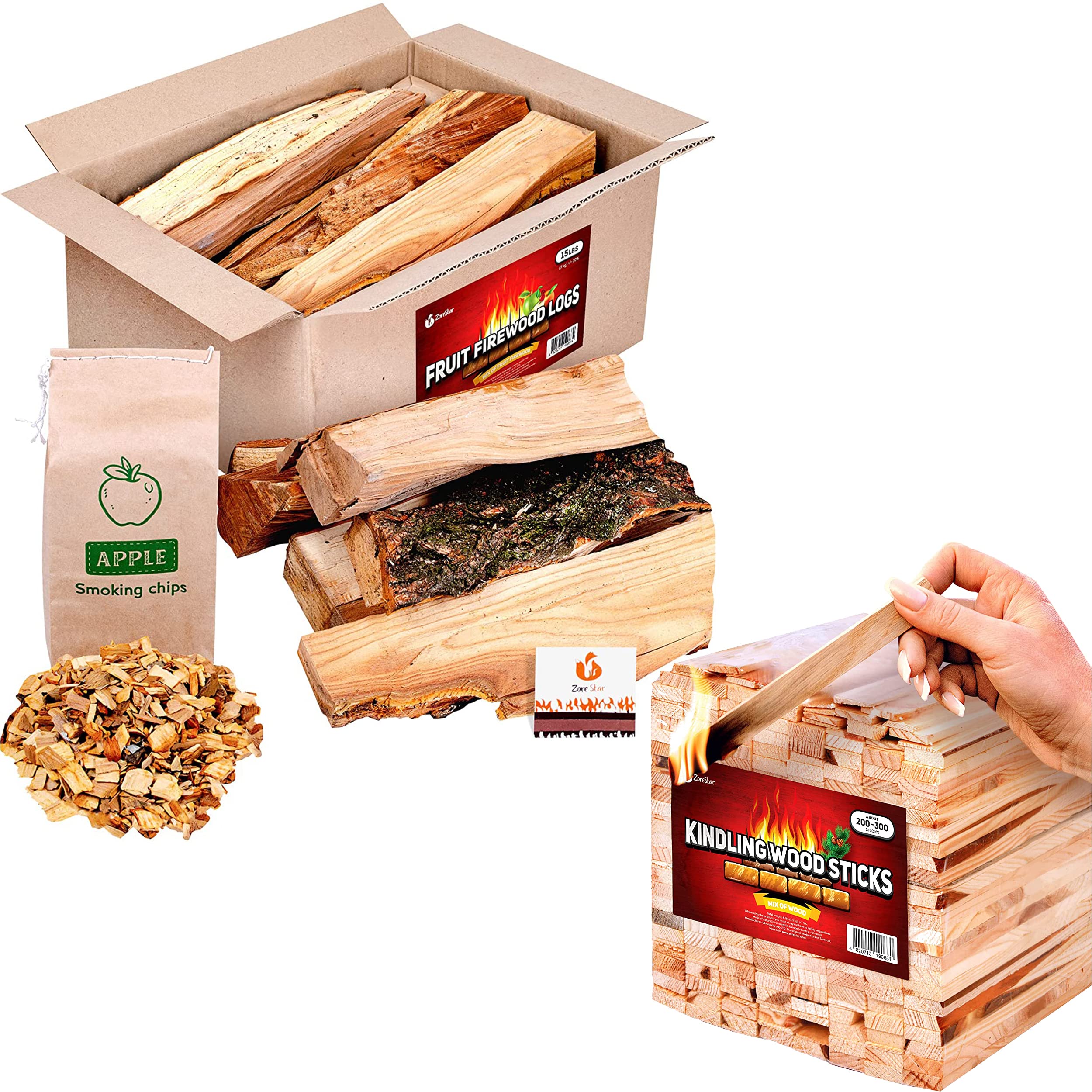 Zorestar BBQ Cooking firewood logs 15 lb - Apple (Fruit Mix) fire Wood and Chips - Box of fire logs for Camp, Grilling, Fireplace, Smoking and Zorestar BBQ Cooking firewood logs 15 lb - Apple