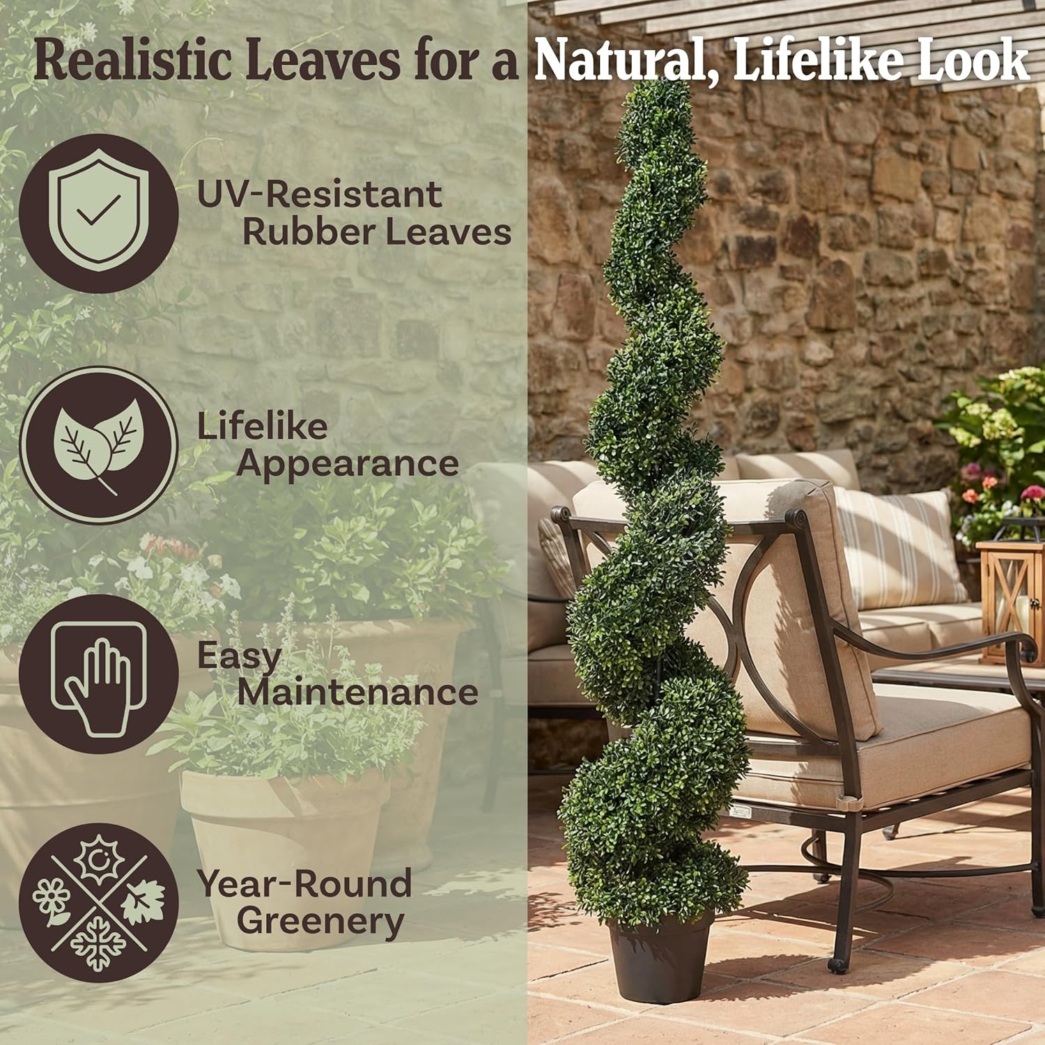 5 Ft Artificial Boxwood Spiral Topiary Tree - Realistic Fake Plant with Weighted Pot for Indoor or Outdoor Use - Artificial Plants for Living Room, Office, or Home Decor by Pure Garden (Green)