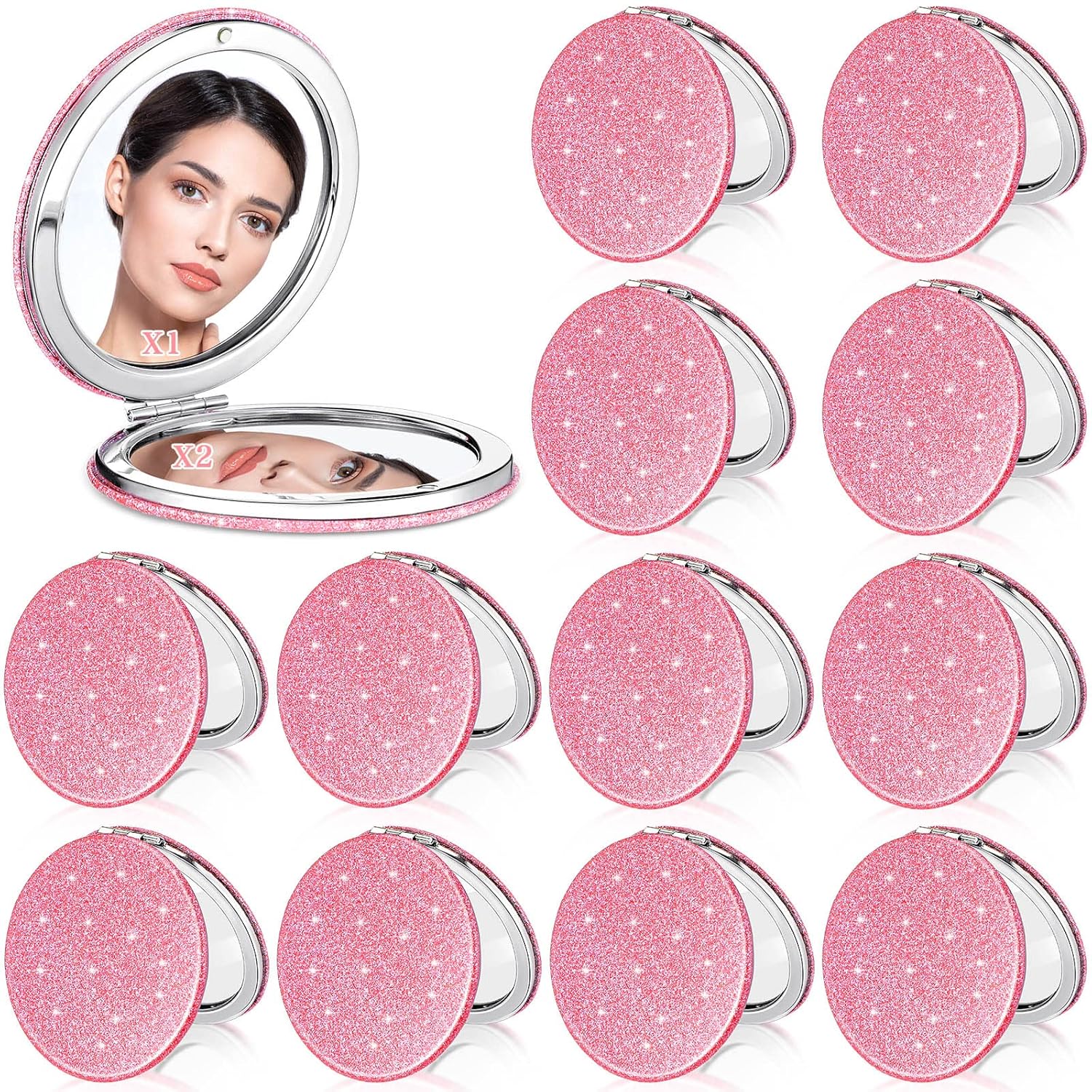 Weysat 12 Pcs Cute Pink Compact Mirrors for Women Galentine's Day, Small Magnifying Travel Makeup Mirror with Glitter, Mini Double-Sided Portable 2x/1x Magnification Folding Pocket, PU Leather, Gift