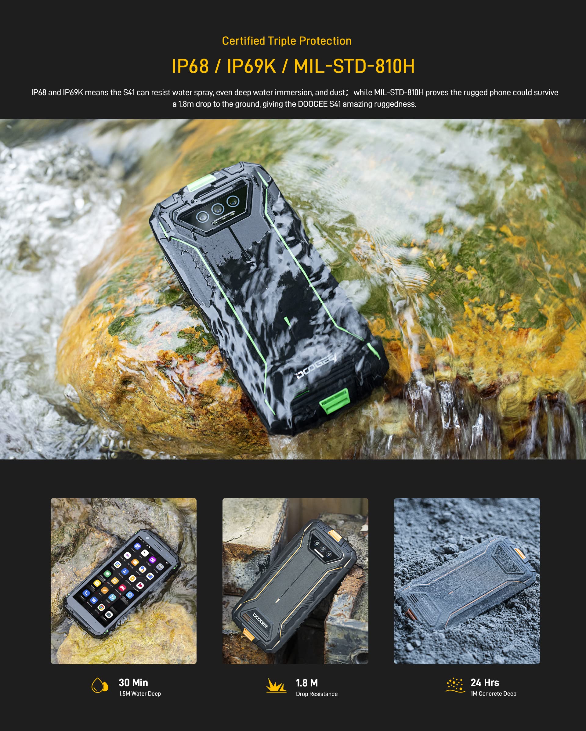 3GB+32GB Smartphone Rugged 4G Android 9.0, 5,5'' HD Gorilla Glass 4, IP68/IP69K Impermeabile Outdoor, Dual SIM, Militare, S4O, Quad-Core NFC Arancione