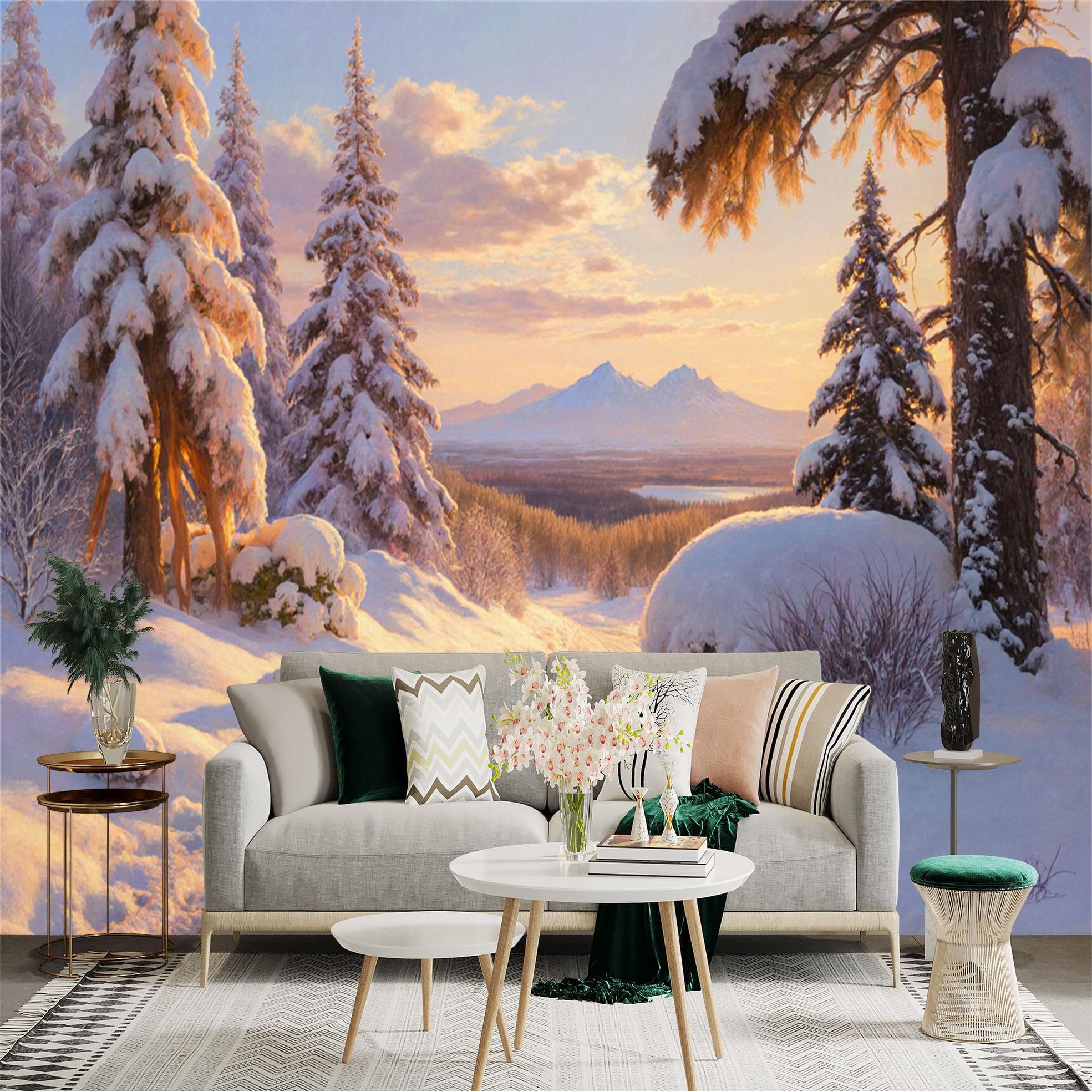 Custom Size Wall Sticker Mural， Snowy Forest Path， Winter Landscape， Golden Sunset Mountains， Peaceful Nature View， for wall Decoration， peelandstick wall Decals.