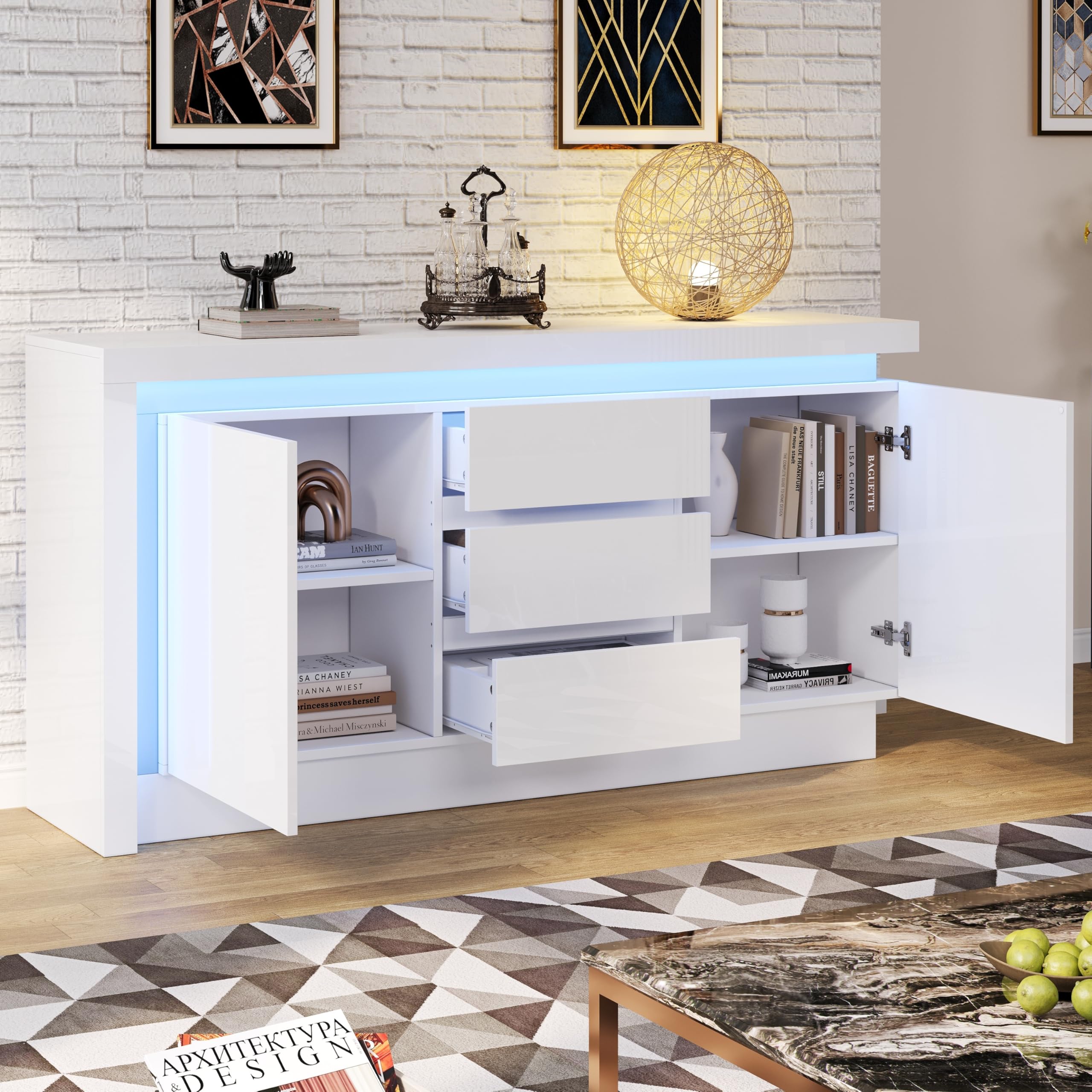 BTM 140x35x72cm Sideboard,Kommode für das Schlafzimmer, Wohnzimmer,Beistelltisch mit 3 Schubladen,Schrank mit verstellbaren Einlegeböden und 2 Türen, Hochglanz Sofa Beistellschrank mit LED, Weiß