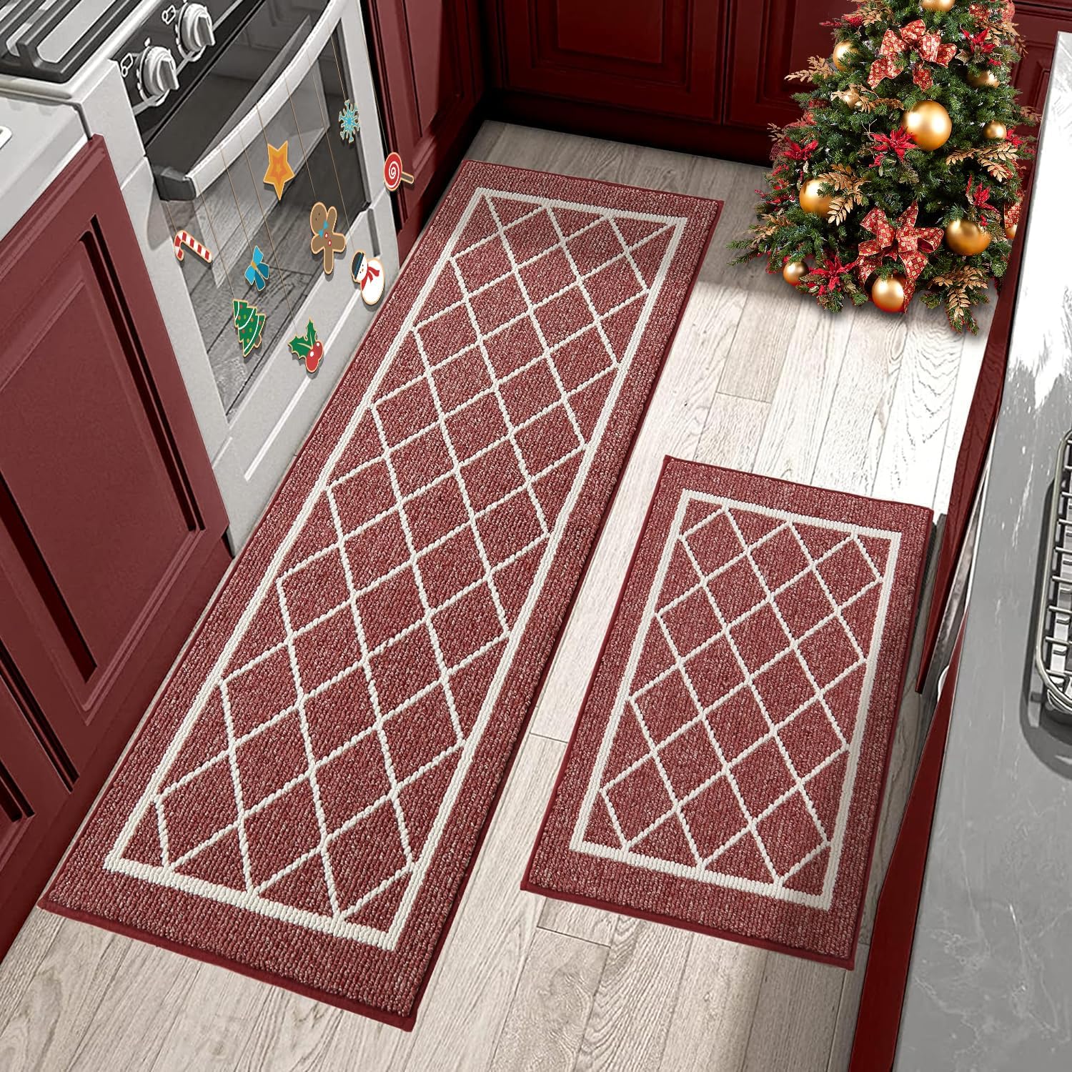 BEQHAUSE-Non-Slip-Kitchen-Mats-for-Floor [2PCS] Red Kitchen Rugs Machine Washable Kitchen Runner Polypropylene Kitchen Floor Mat with TPR Backing 24x35inch/24x60inch