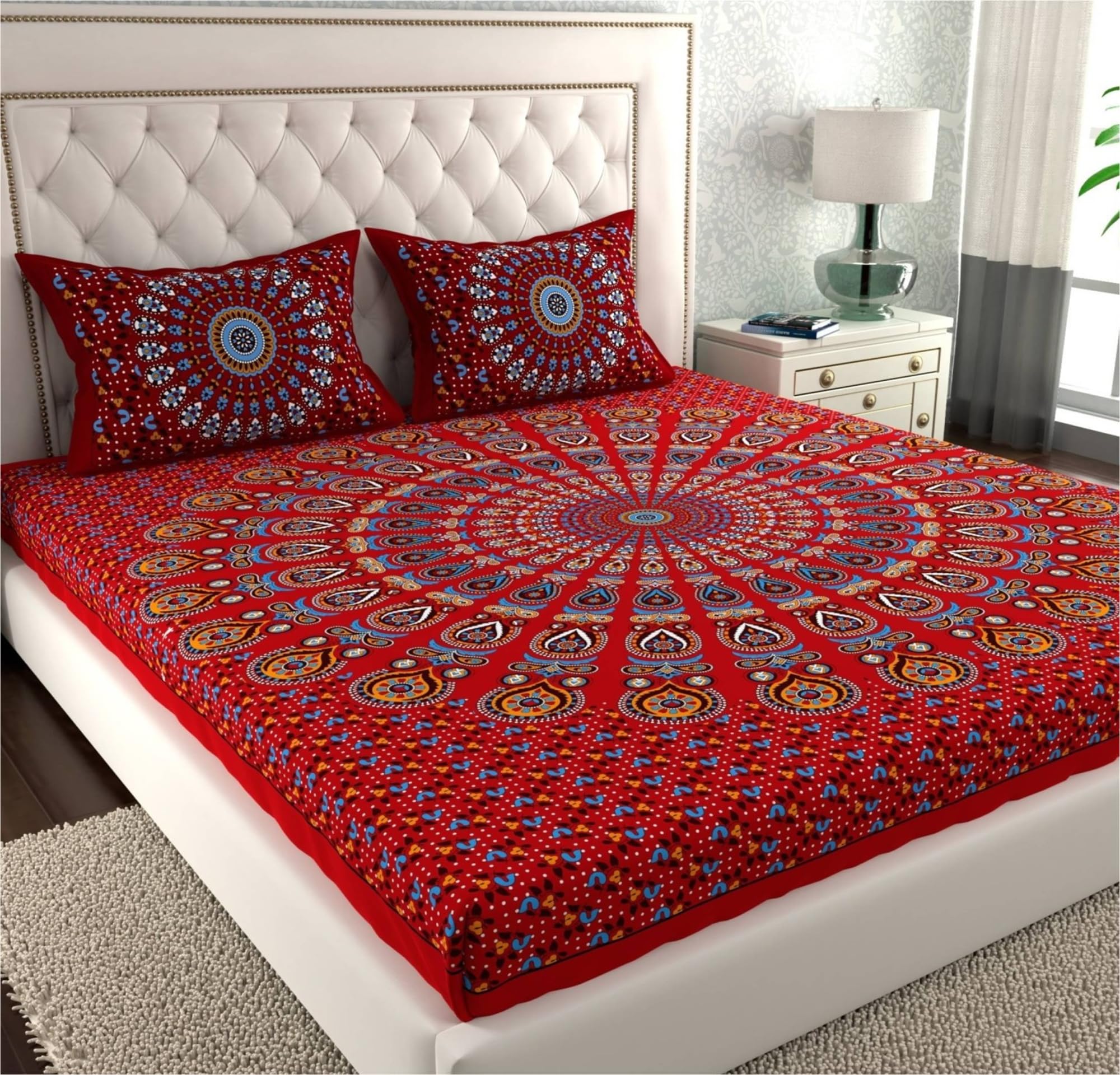 KOUNDAL Rajasthani Jaipuri Sanganeri Print 144 TC 100% Pure Cotton BedSheet Set for Double Bed King Size,Geometric Pattern, Double Bedsheet Cotton with 2 Pillow Covers (Maroon, King) (B0DG9V7GTX) Amazon Price History, Amazon Price Tracker