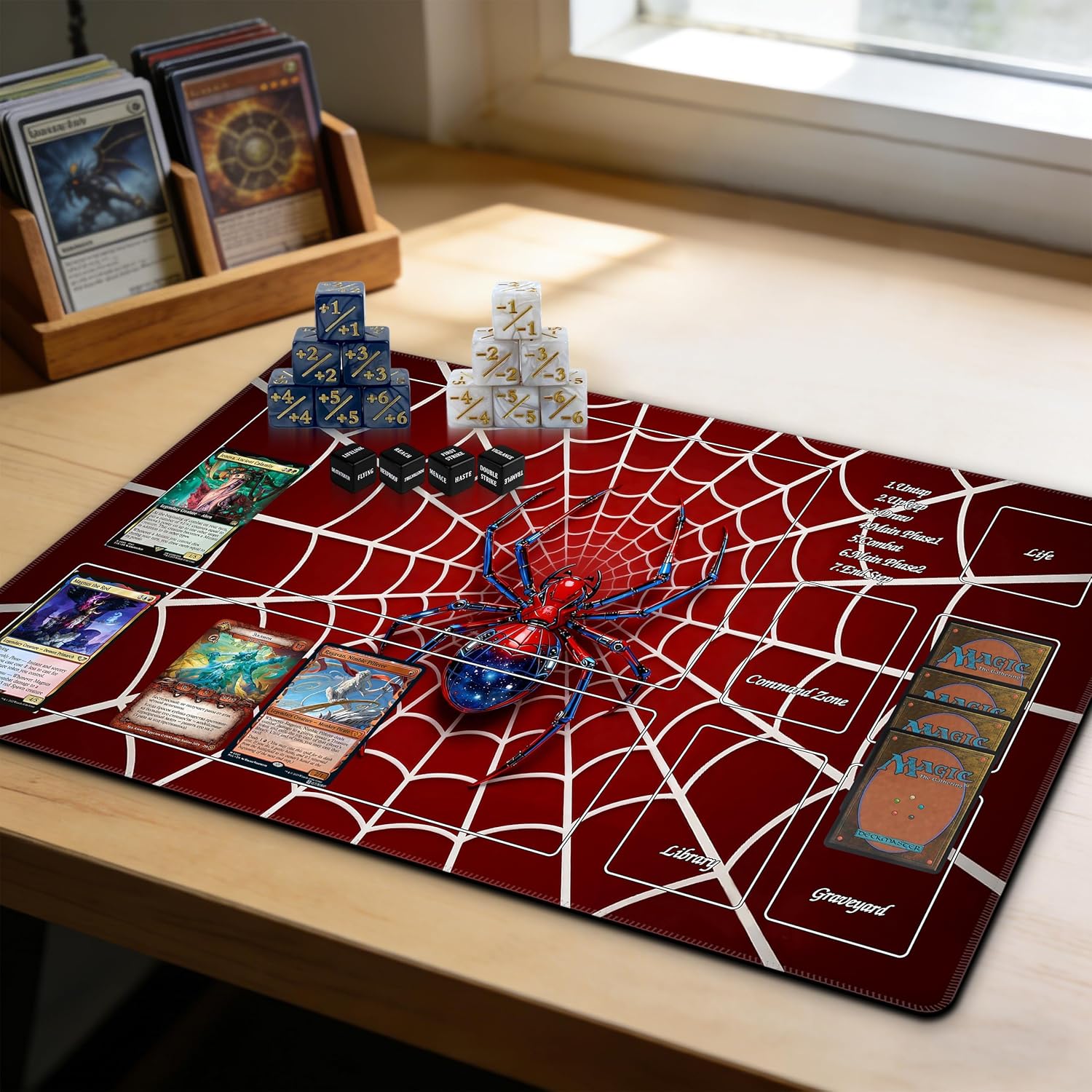Spider TCG Playmat with Zones - Compatible with MTG & Commander - Includes Storage Tube & 16 Counter Dice (+1/+1, -1/-1, Status) - Stitched, Waterproof, Non-Slip(playmat with Zones, Spider)