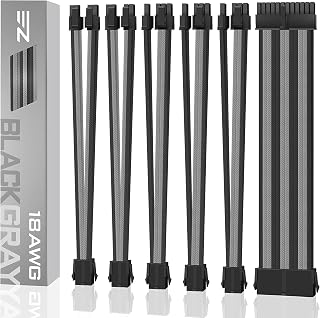 EZDIY-FAB PSU Cable Extension Sleeved Custom Mod GPU PC Power Supply Soft Nylon Braided with Comb Kit 24PIN/3x 8PIN to 6+2Pin/ 2X 8PIN to 4+4PIN-300MM/11.9in - Black Grey