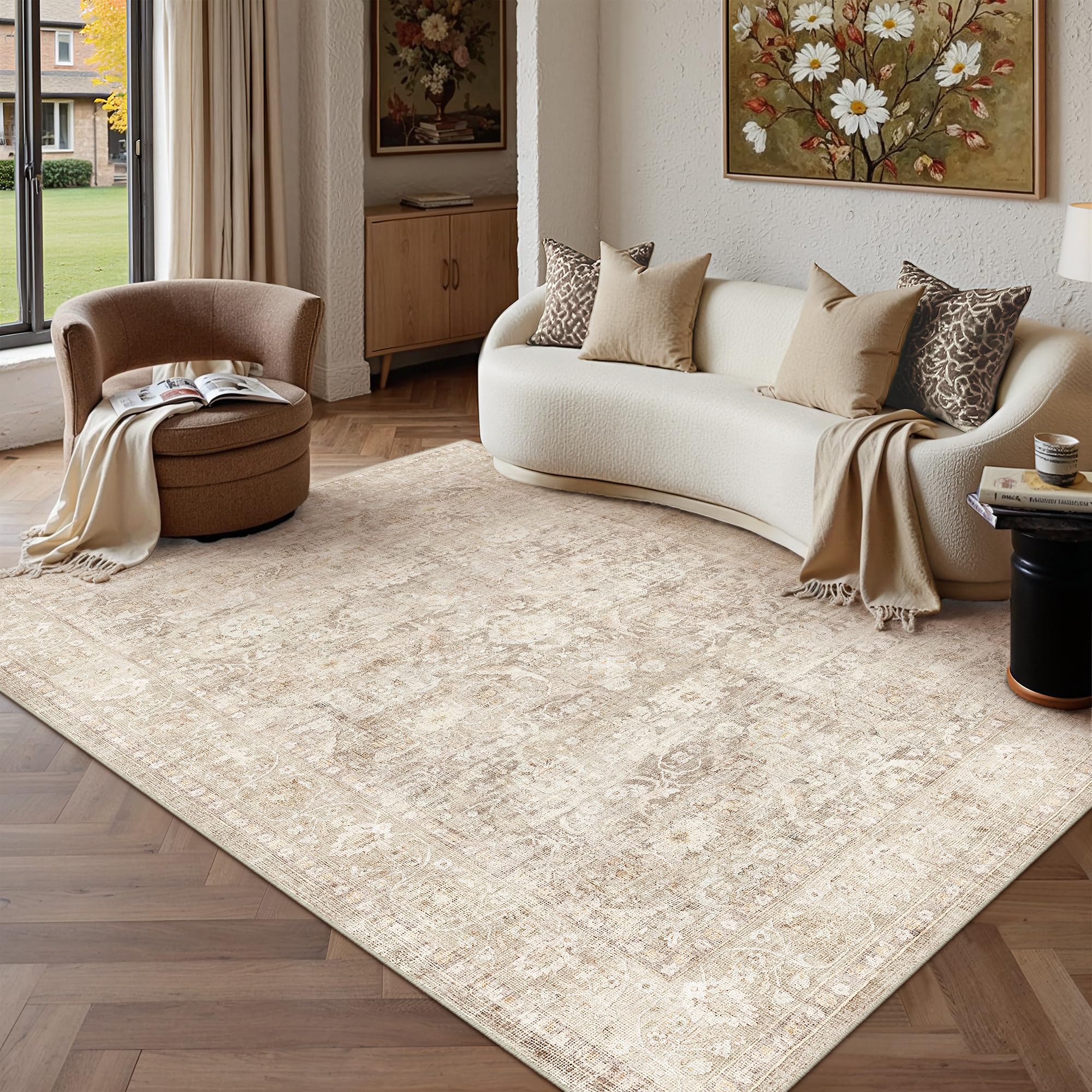 PureCozy Washable Beige Rugs Living Room 160x230cm Large Vintage Carpet