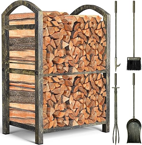 Amagabeli - Estante de leña para interiores, juego de 5 piezas, herramientas para chimenea, soporte de madera con pinzas, cepillo de póquer y pala,