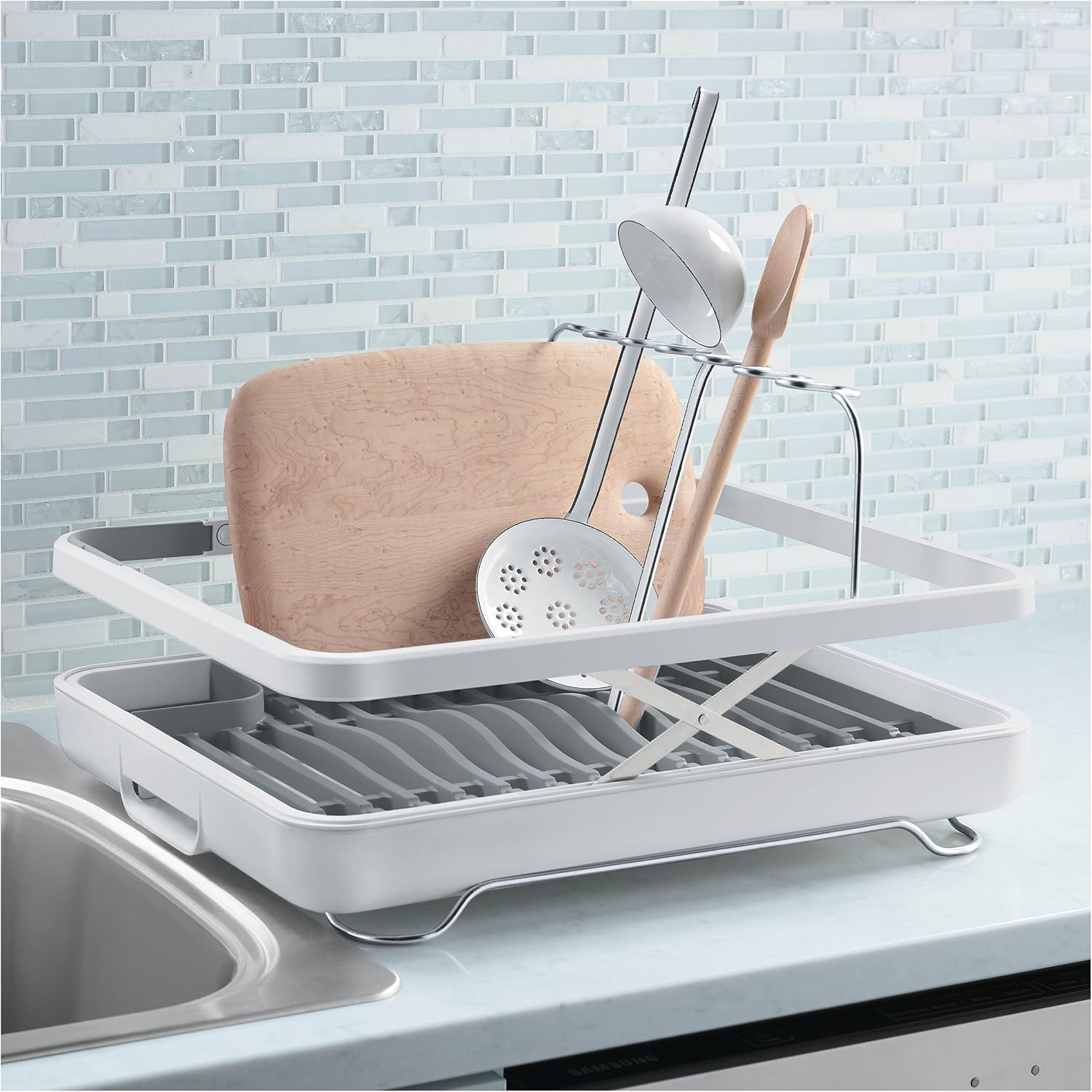 KOHLER (K-8631-0) Large Collapsible & Storable Dish Drying Rack with Wine Glass Holder and Collapsible Utensil Band. Even Made to Hold Pots and Pans, White