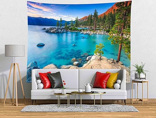 Miniatura 4 de BELECO Tapiz de lago de montaña, 118 x 96 pulgadas, lago azul, océano, arena, playa, bosque verde, pinos, paisaje, naturaleza, colgar en la pared