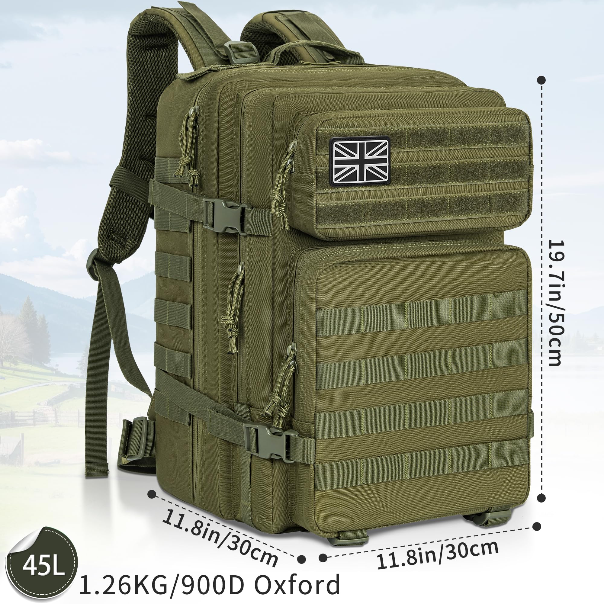 OUUTMEE Sac à dos tactique militaire (25 L/35 L/45 L), sac à dos MOLLE pour homme et femme, sac à dos militaire pour la chasse, le camouflage, sac à dos de 3 jours, sac pour ordinateur portable, sac