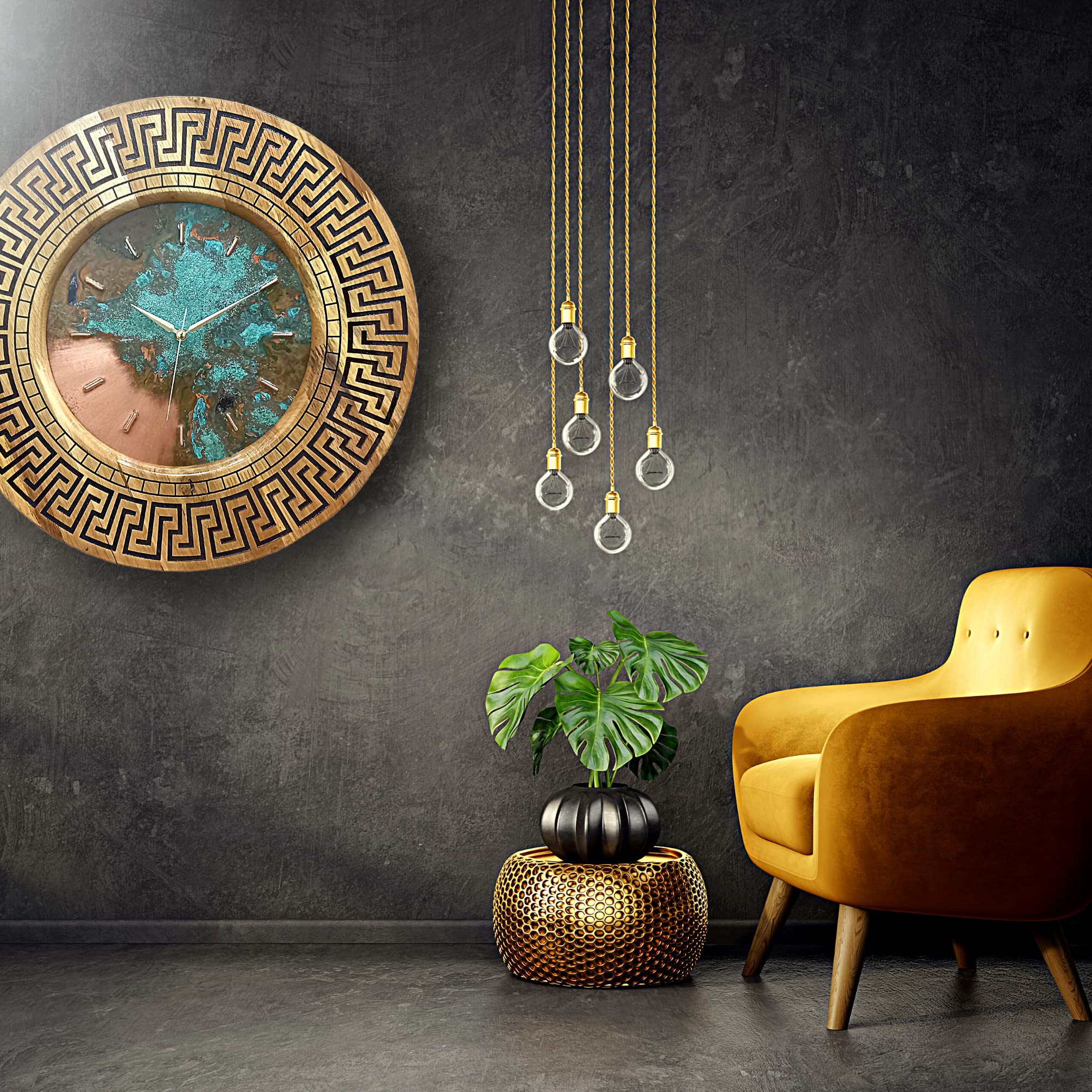 20 Inch Multicolor Patina Real Copper and Oak Wooden Art Deco Modern Boho Non-Ticking Silent Battery Operated Large Wall Clock for Living Room Wall Decor (Gold Colored Hands)