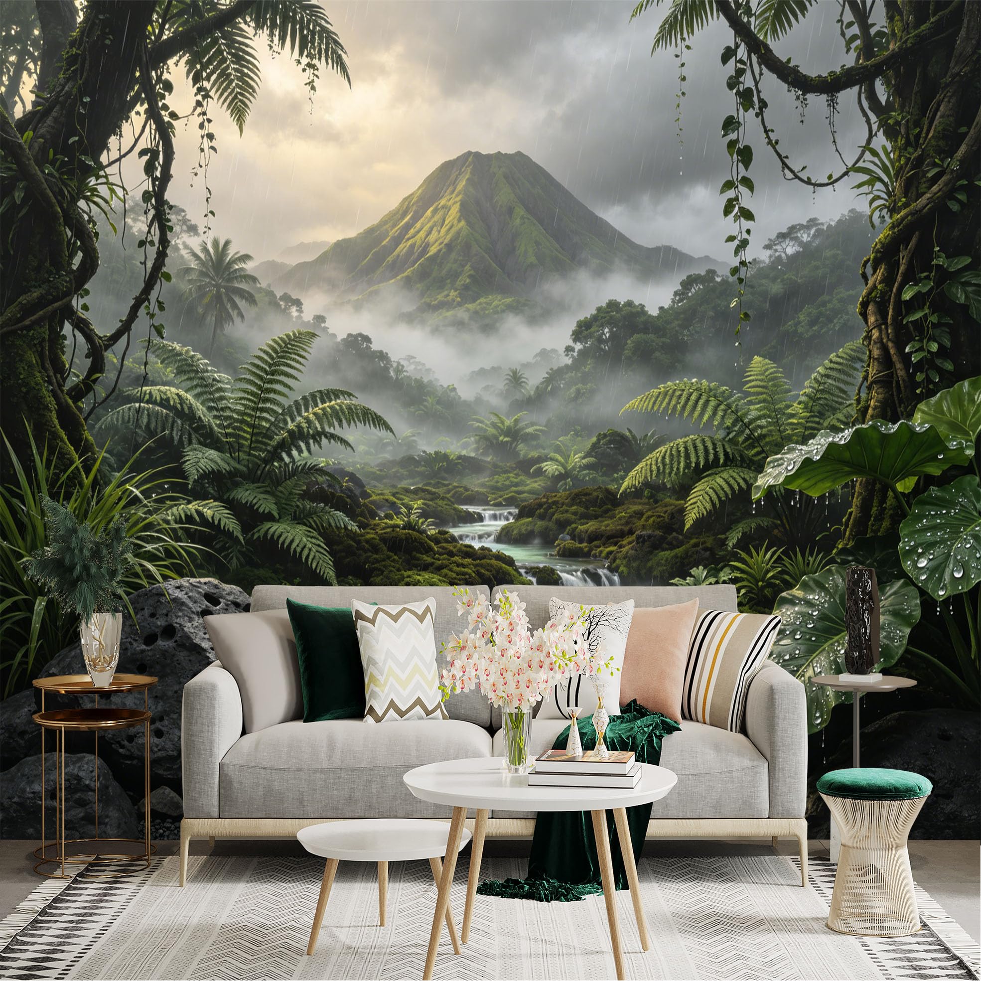 Custom Size Wall Sticker Mural， Tropical Rainforest with Mountain， Mist and Waterfall Stream， for wall Decoration， peelandstick wall Decals.