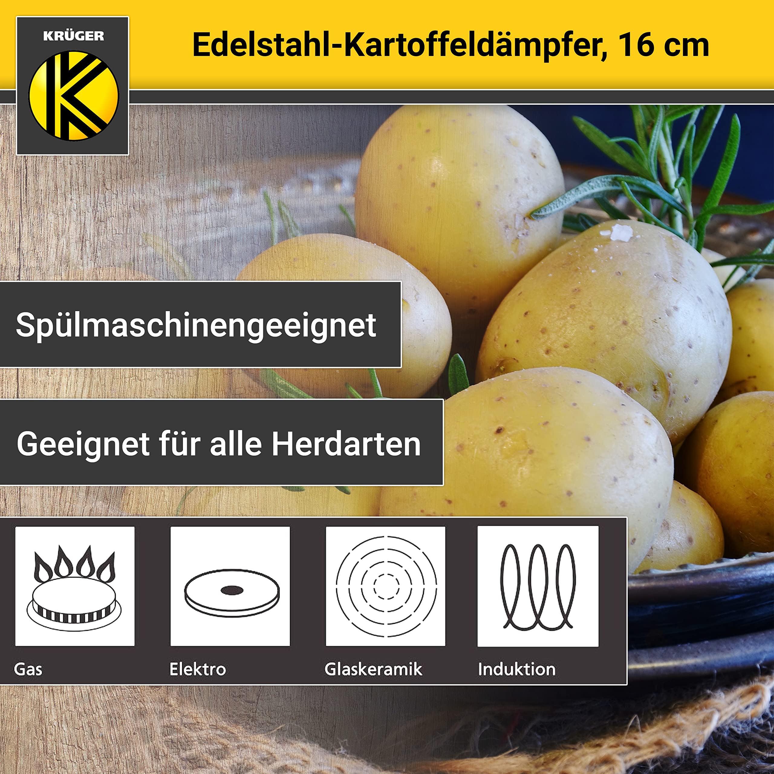 Krüger Edelstahl-Kartoffeldämpfer mit Glasdeckel - Bio-Dünster mit praktischem Schüttrand & energiesparendem Kapselboden - Topf für wasserarmes Garen & fettarmes Braten (16 cm) | PFAS-frei & unbeschichtet|Mit Glasdeckel & Kapselboden|Induktionsgeeignet|Sp