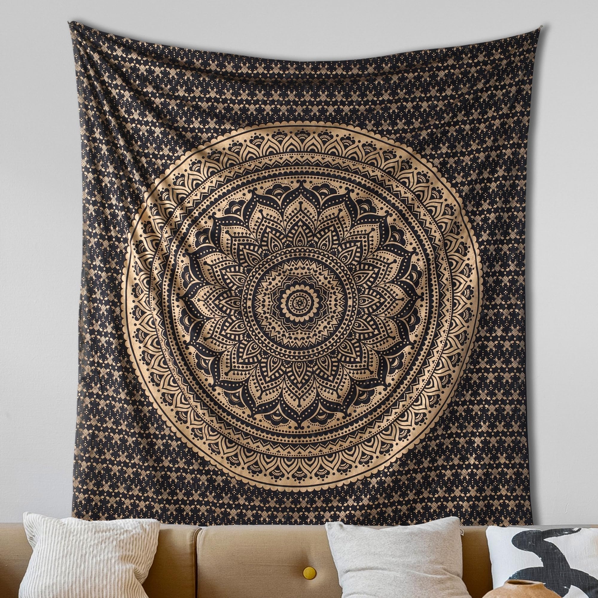 Black Gold Ombre Tapestry Wall Hanging Mandala – Bohemian Room Decor – Cotton Throw Tapestry – Boho Bedding Twin Bedspread 55x82 Inches