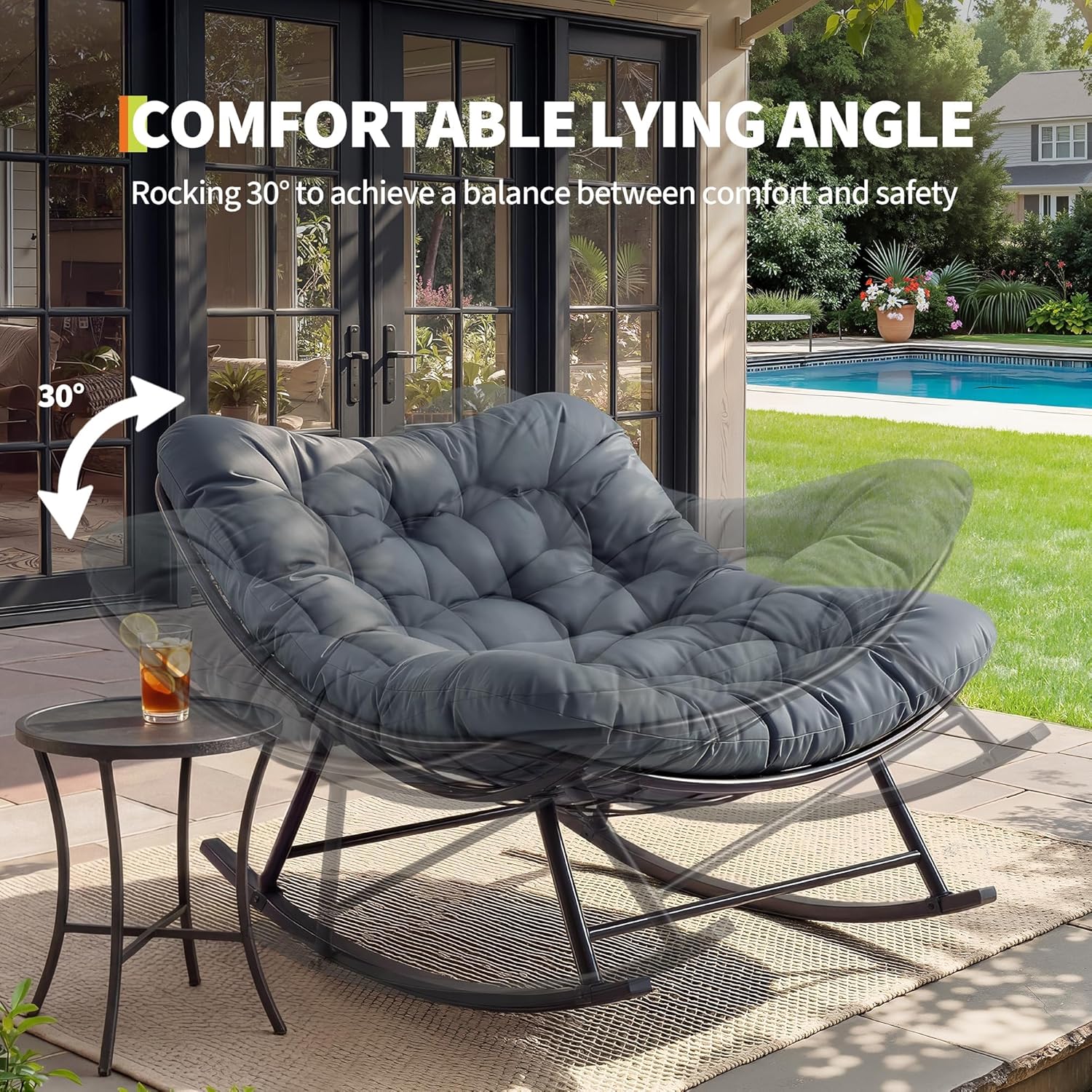 Garvee Outdoor Rocking Chair, Papasan Rocking Chair with Removable Cushion, Oversized Rocking Chair for Outside, Balcony, Living Room, Porch,